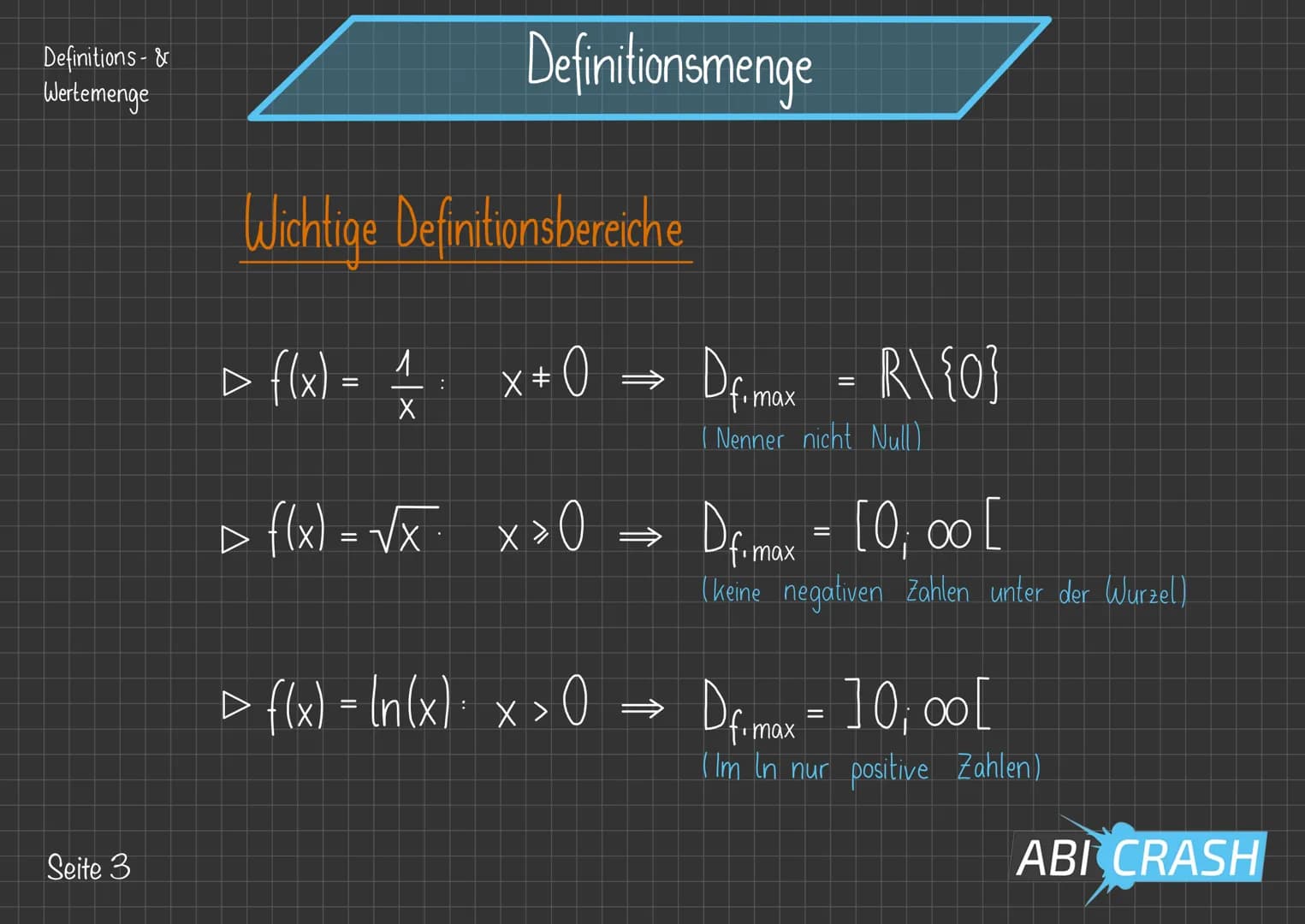 Definitions- &
Wertemenge
Definitionsmenge
Maximale Definitionsmenge
Die (größtmögliche) Menge aller x-Werte, die in einen
gegebenen Funk