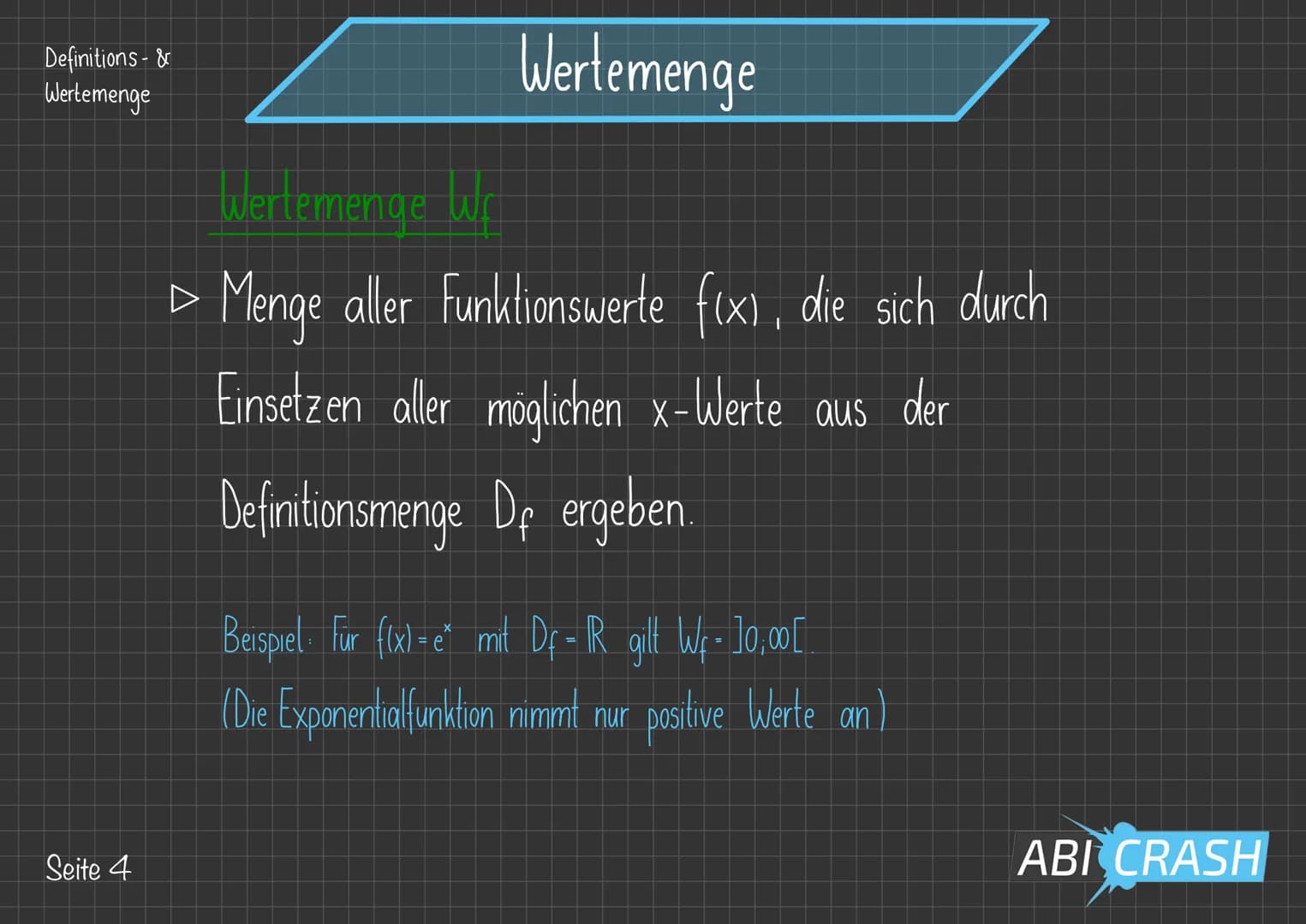 Definitions- &
Wertemenge
Definitionsmenge
Maximale Definitionsmenge
Die (größtmögliche) Menge aller x-Werte, die in einen
gegebenen Funk