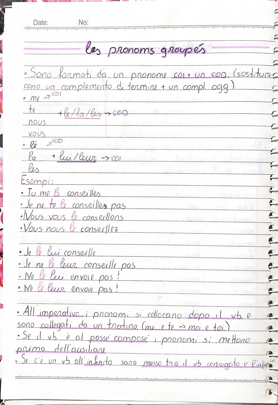 Date:
No:
les pronoms groupés
• Sono formati da un pronome colt un con. (sostituis
cono un complemento di termine + un compl. ogg)
• me-01
