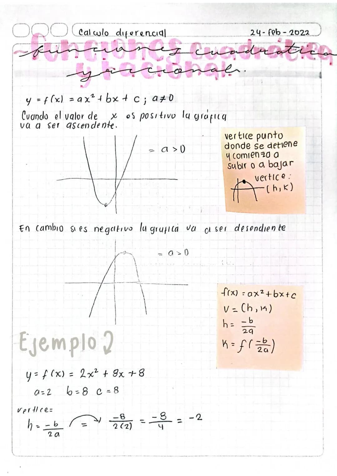 OQO Calwlo diferencial
24-feb-2022
# büncianes cuadratica
## yaccional
$y = f(x) = ax² + bx + c ; a ≠ 0$
Cuando el valor de $x$ es positiv