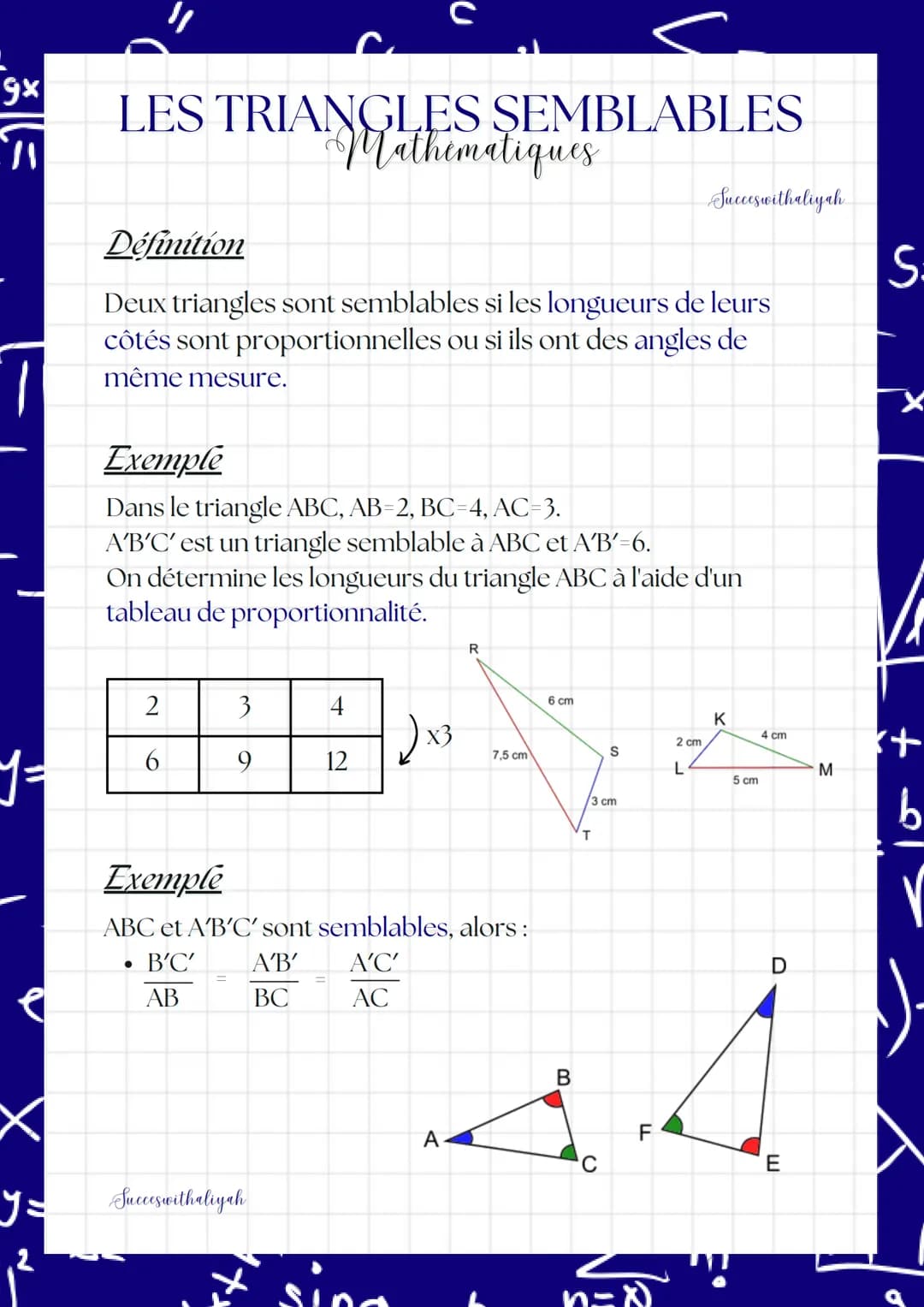 9x
C
# LES TRIANGLES SEMBLABLES
## Mathematiques
Succeswithaliyah
S
### Définition
Deux triangles sont semblables si les longueurs de leurs
