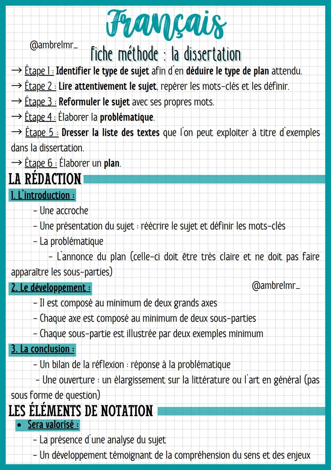 @ambrelmr_
# Français
fiche méthode: la dissertation
## QU'EST-CE QUE C'EST ?
→ La dissertation consiste à conduire une réflexion personne