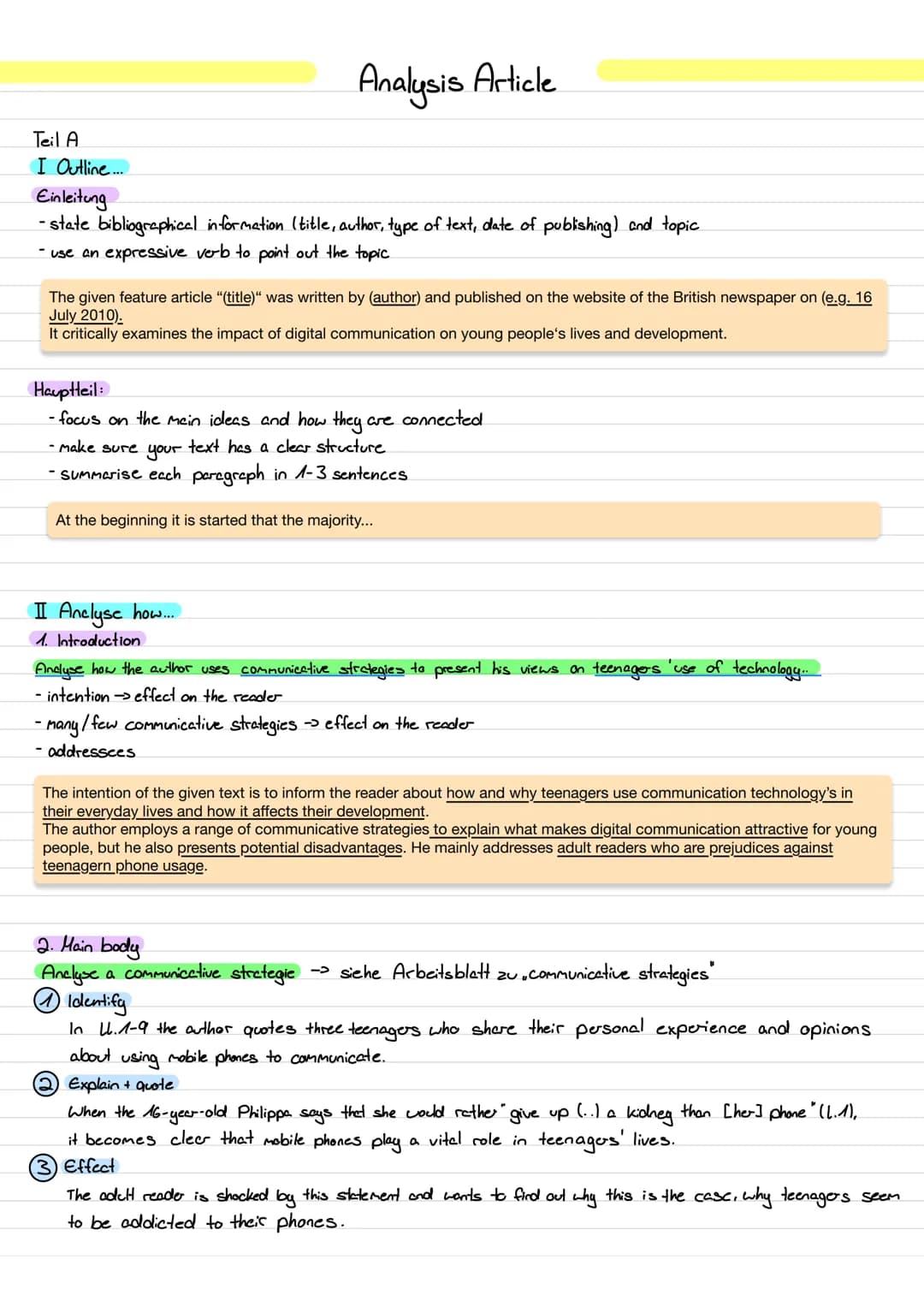# Analysis Article
Teil A
I Outline...
Einleitung
- state bibliographical information (title, author, type of text, date of publishing)
