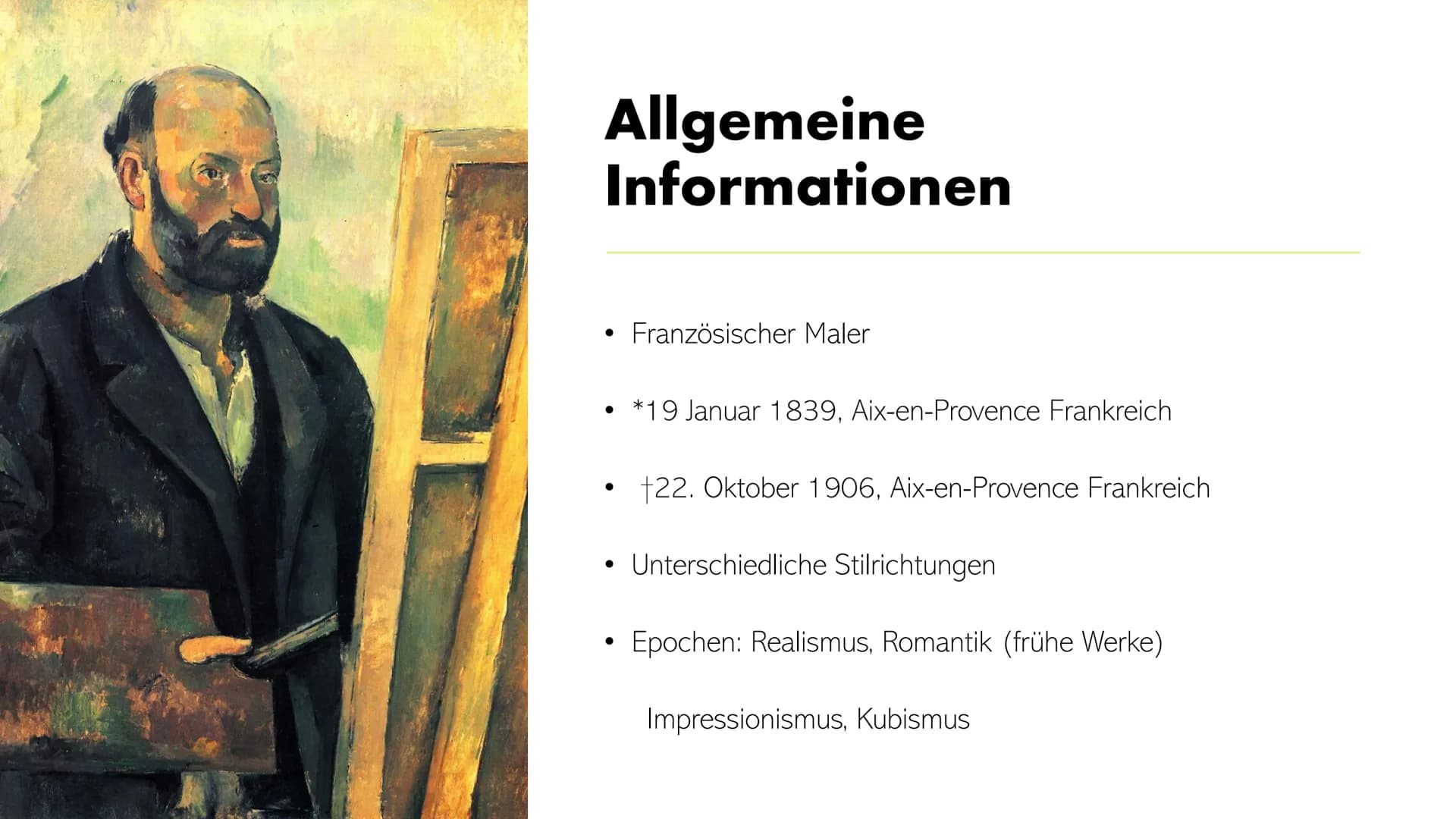 # Paul Cézanne
Ein „Vater der Moderne“ # Gliederung
- Allgemeine Informationen
- Cézannes Leben
- Gesamtwerk
- Werkvorstellung
- Bedeu