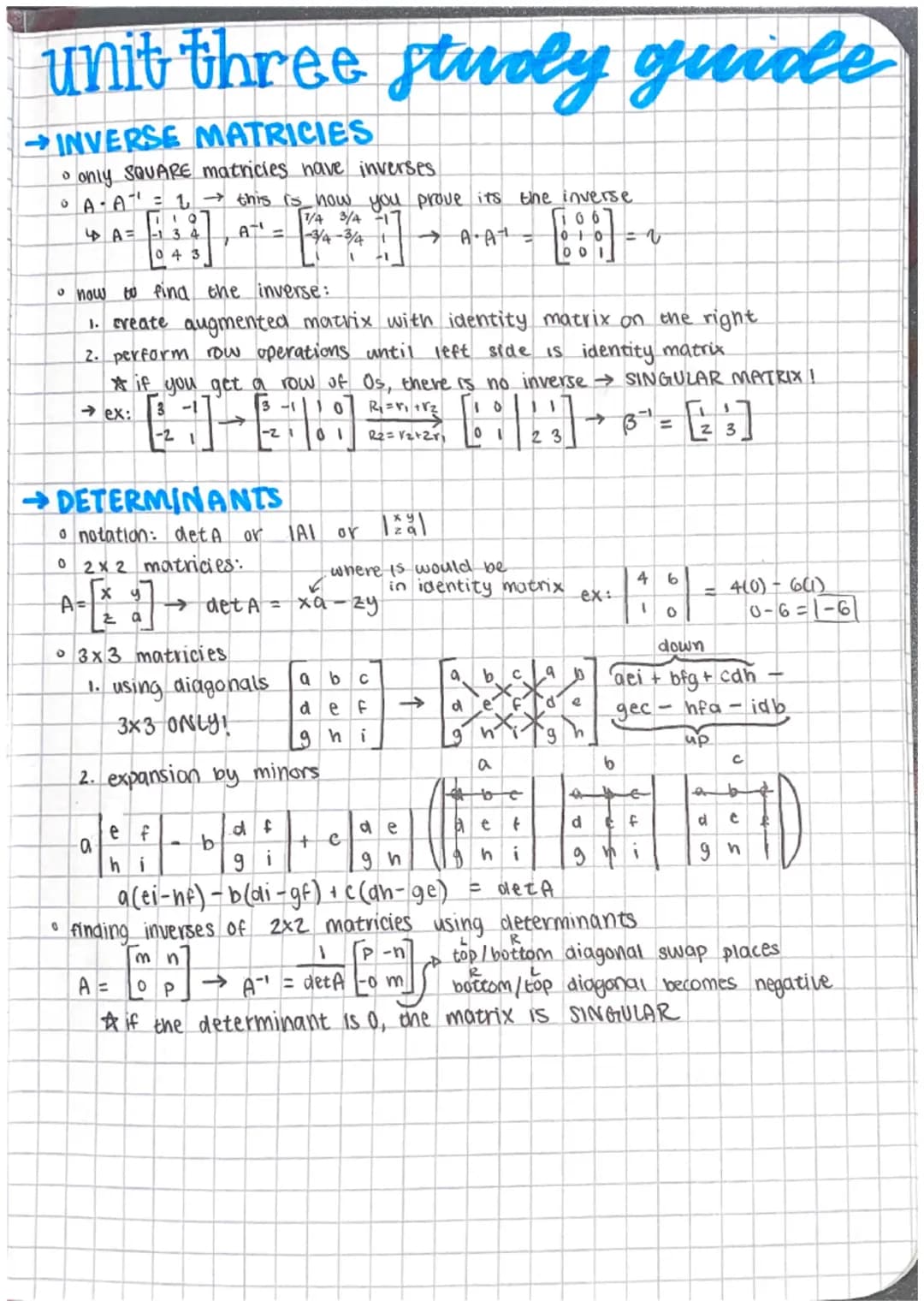 # unit THREE study guide
→MATRIX BASICS
• dimensions: rows x columns
• ποτατίοη: Α=
$ \begin{bmatrix} a_{11} & a_{12} & a_{13} \\ a_{21}
