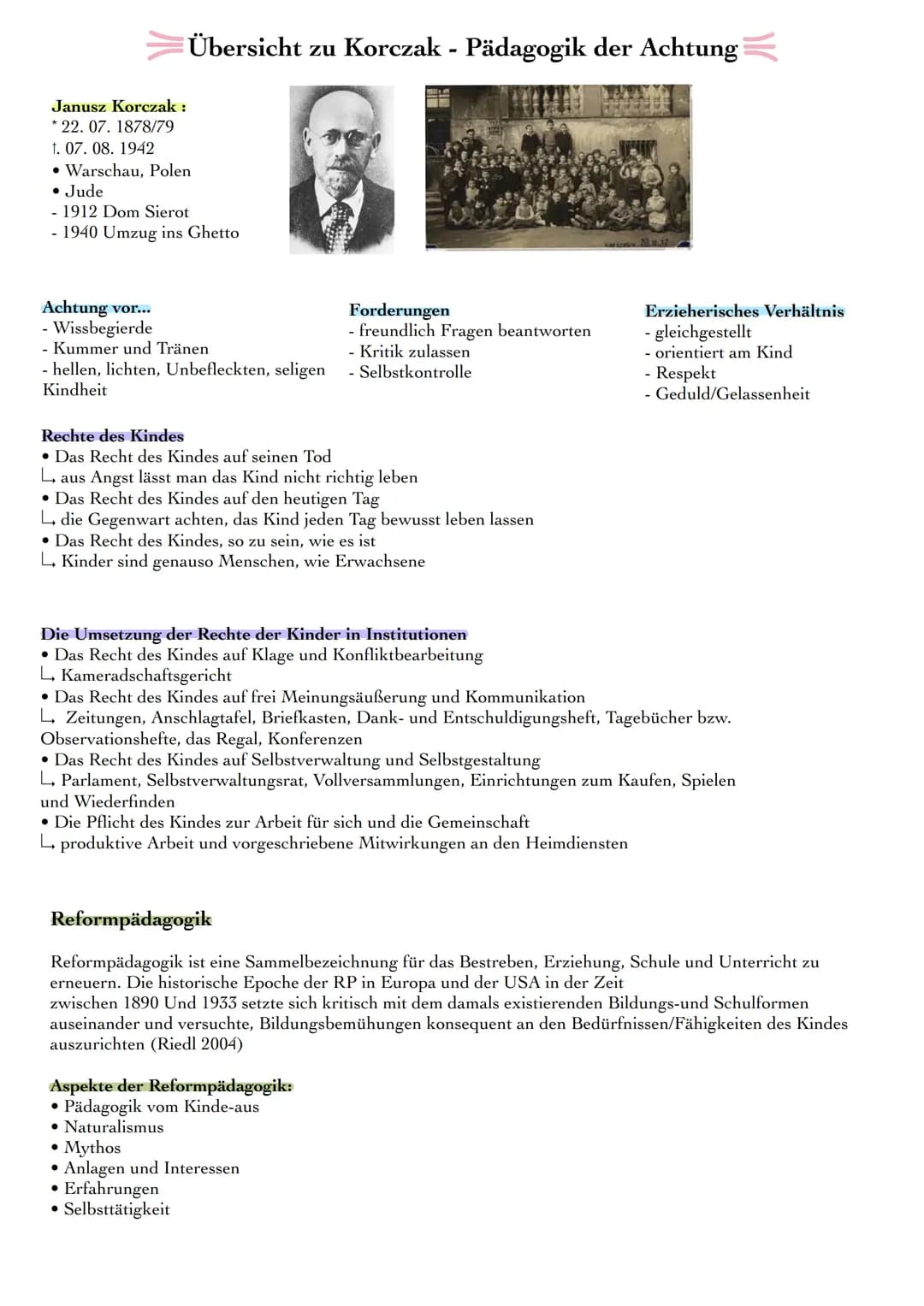 Janusz Korczak:
*22.07. 1878/79
1. 07. 08. 1942
• Warschau, Polen
• Jude
1912 Dom Sierot
Übersicht zu Korczak - Pädagogik der Achtung
- 1940