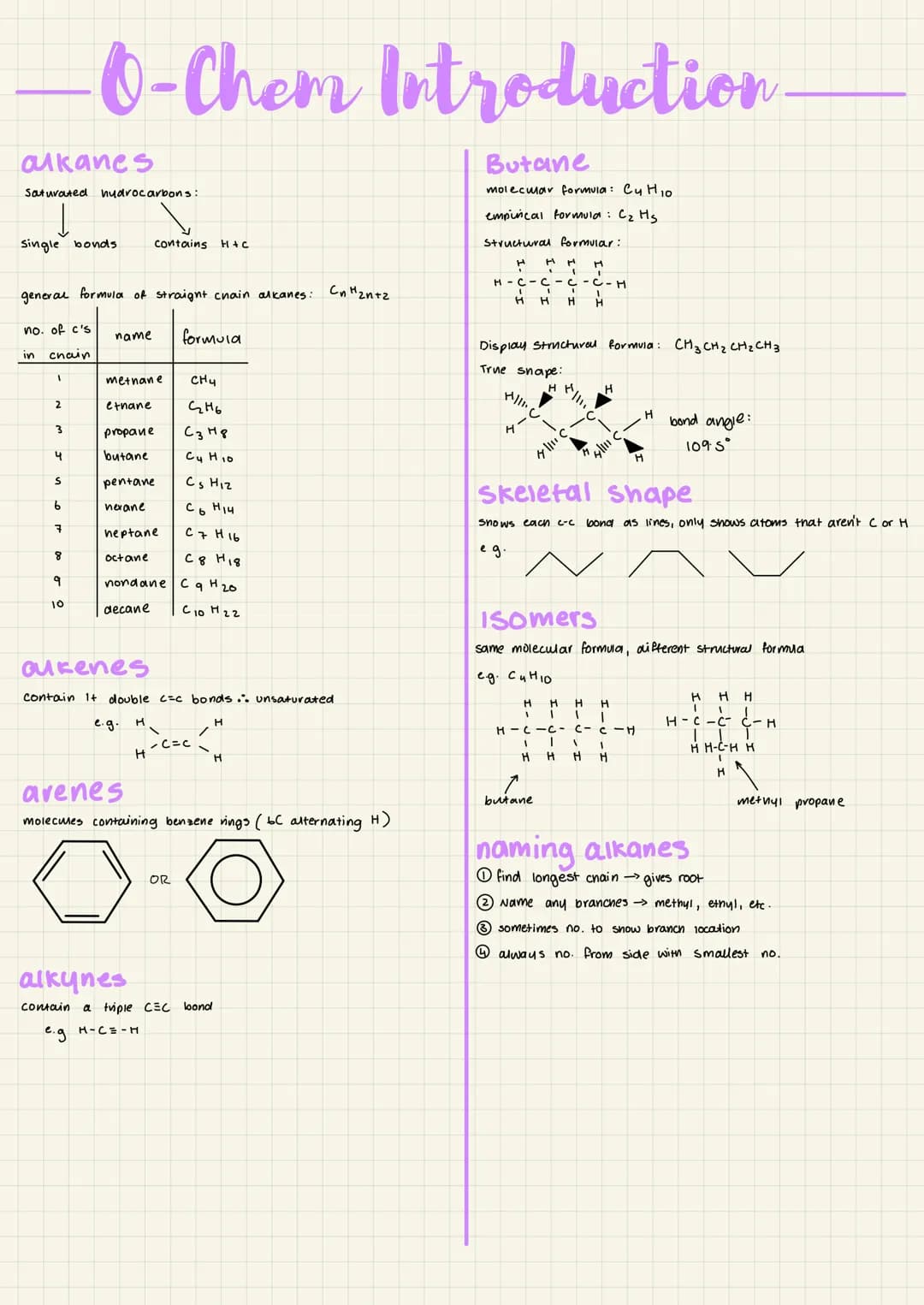 # -O-Chem Introduction
alkanes
Saturated hydrocarbons:
single bonds
contains H+C
general formula of straight chain alkanes: $C_nH_{2n+2}$