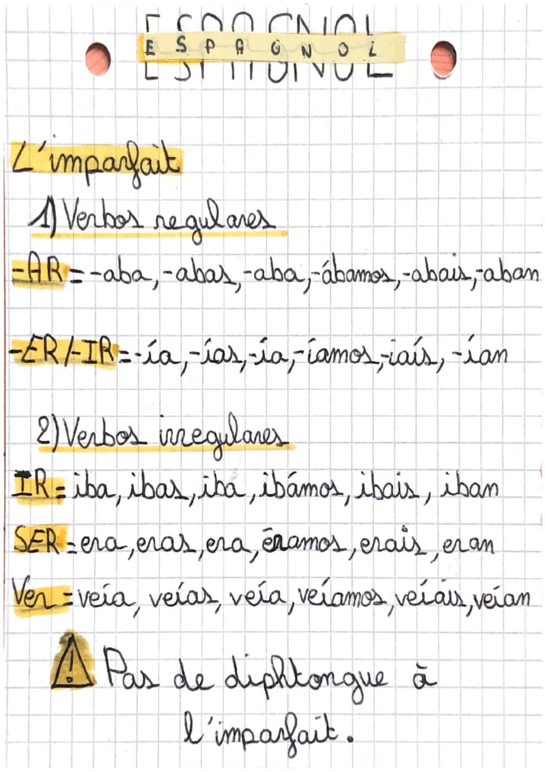# ESPAGNOL
ESTITUIVUL
L'imparfait
1) Verbos regulares
-AR=-aba, -abas, -aba,-ábamos, -abais, aban
-ER/-IR=-ía,-ías,-ía, íamos, caís, -ia
