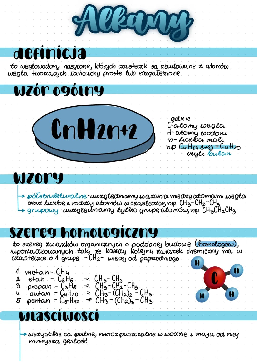 # Alkany
definicja
to weglowodory nasycone, których cząsteczki sa, zbudowane z atomów
wegla tworzących łańcuchy proste lub rozgałęzione
wz