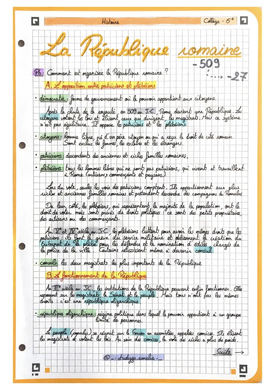 Histoire
Colliga-6
• La République romaine
Pb: Comment est organisée la République romaine?
A. L opposition entre patriciens et plebeiens
-