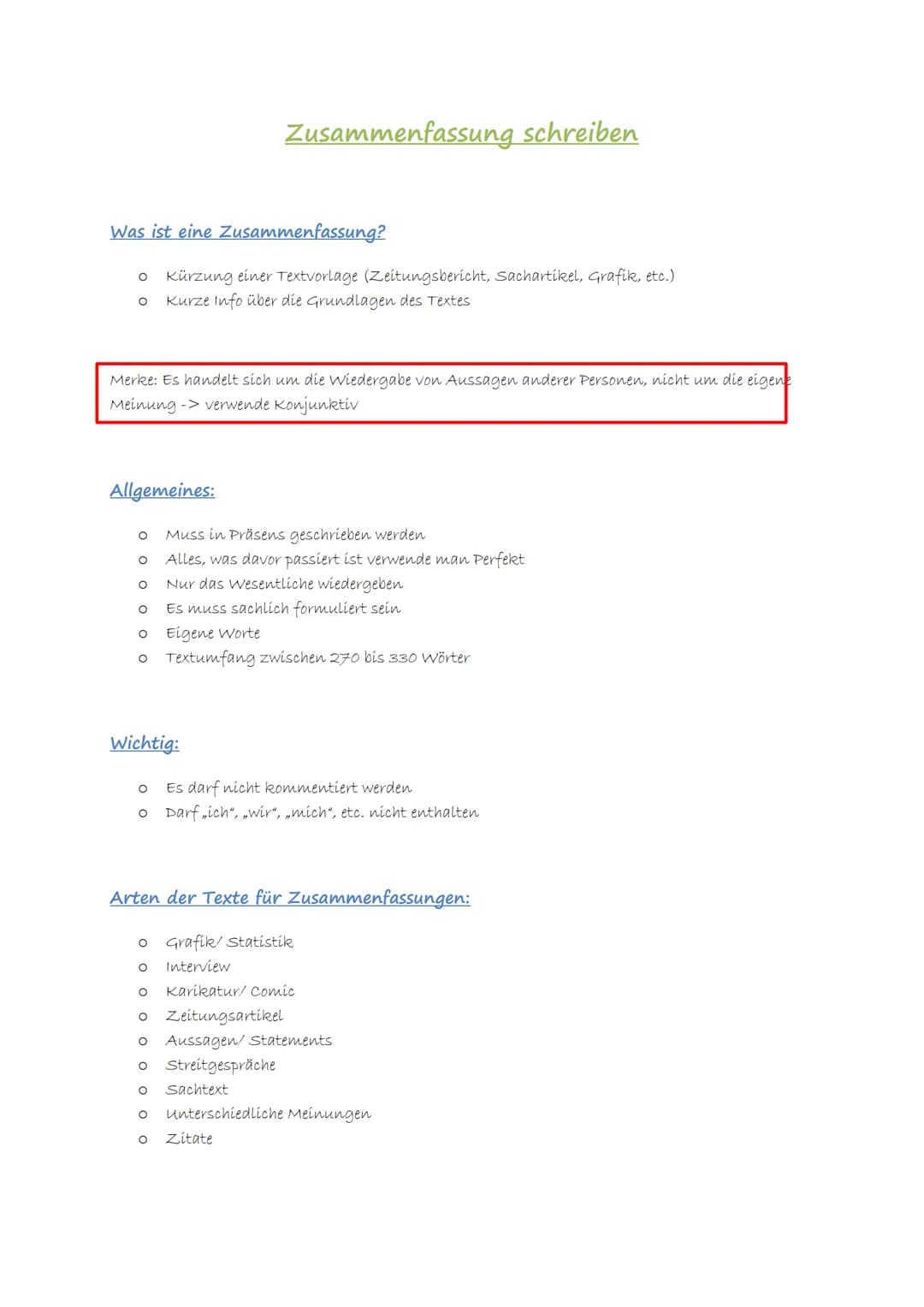# Zusammenfassung schreiben
Was ist eine Zusammenfassung?
* Kürzung einer Textvorlage (Zeitungsbericht, Sachartikel, Grafik, etc.)
* K