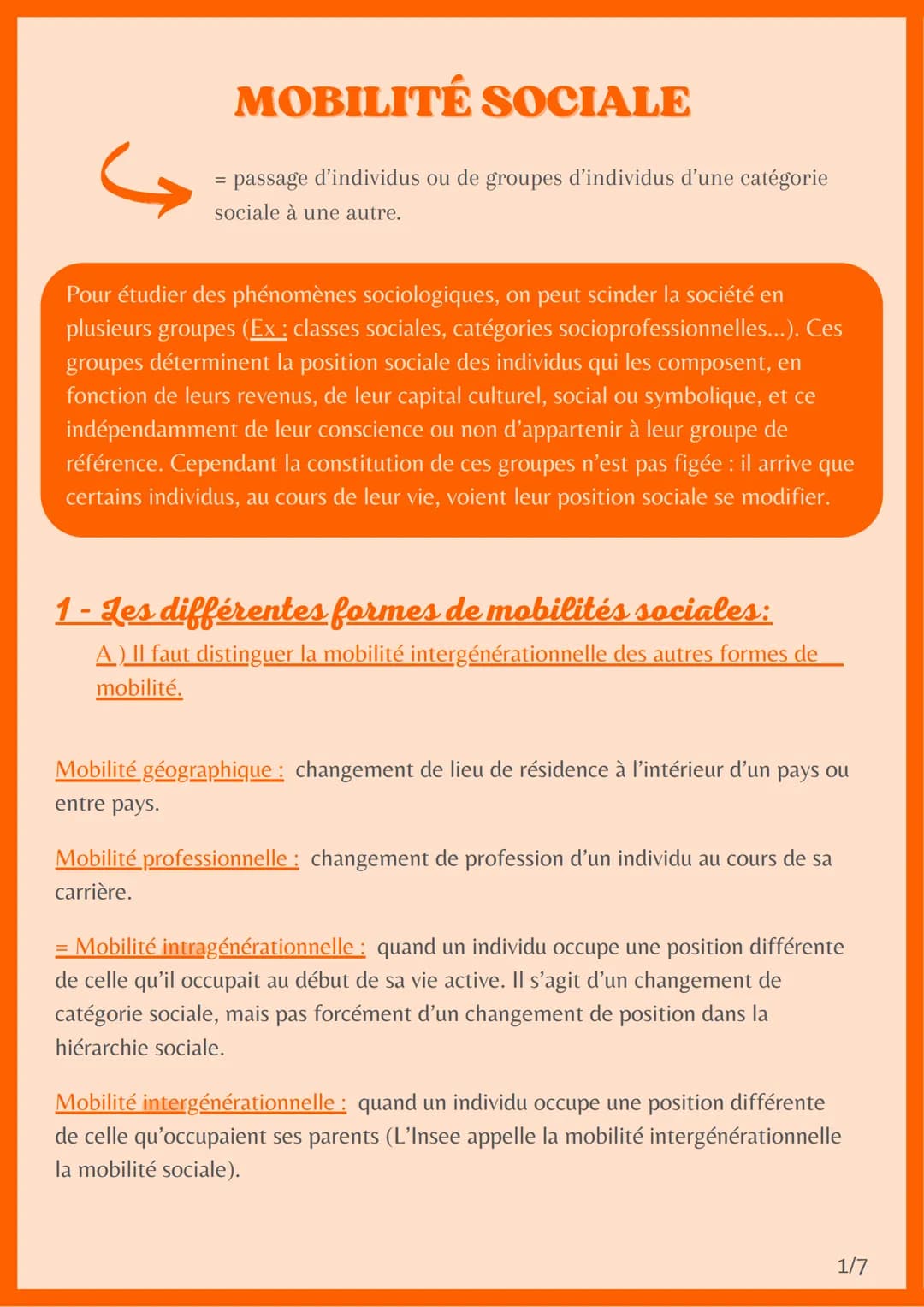 # MOBILITÉ SOCIALE
= passage d'individus ou de groupes d'individus d'une catégorie
sociale à une autre.
Pour étudier des phénomènes sociol