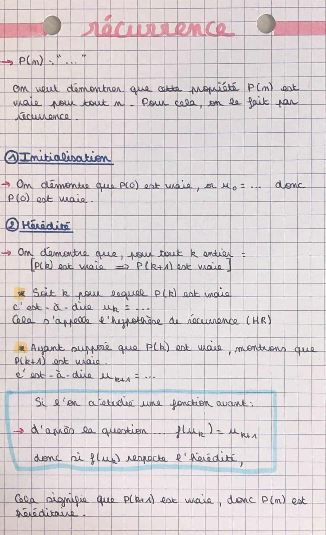 récurrence
→P(m)":..."
On veut démontrer que cette mopriété P(n) est
maie pour tout n. Pour cela, on le fait par
récurrence.
①Initialisat