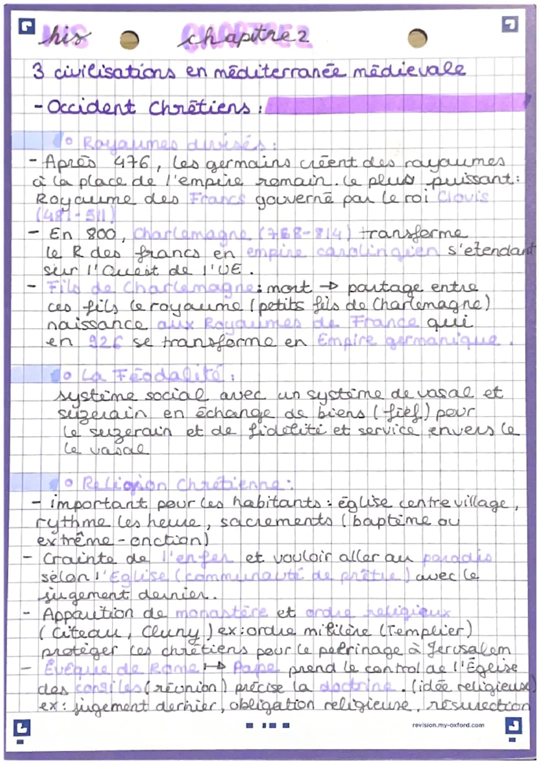 his
chapitre 2
3 civilisations en méditerranée medievale
-Occident Chrétiens:
• Royaumes deresés:
Après 476, les germains créent des rayaume