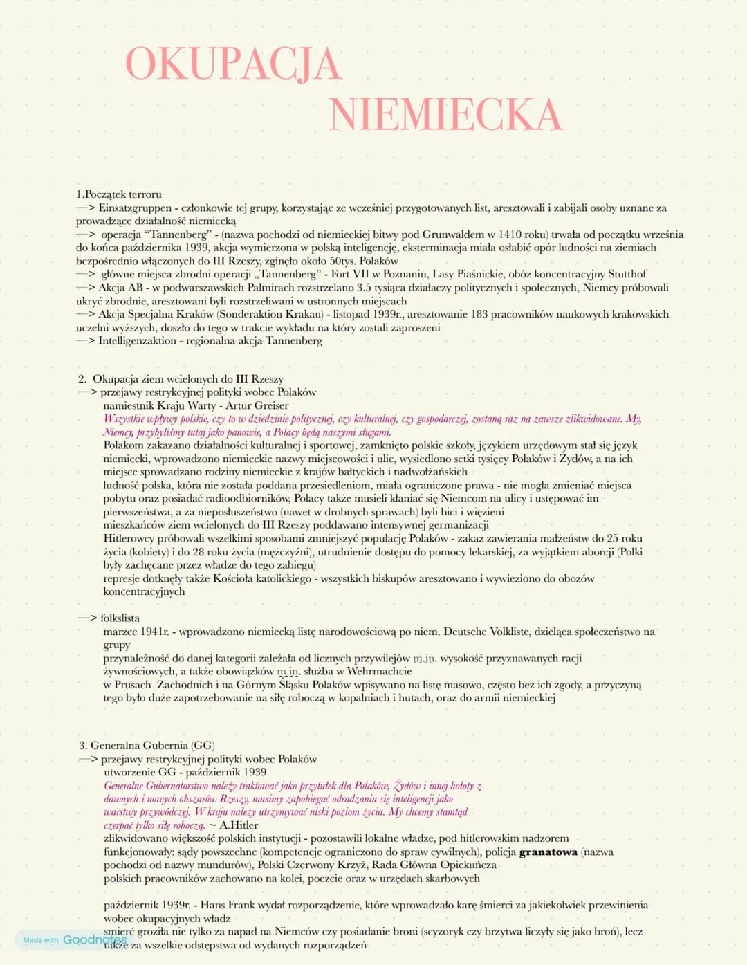 # OKUPACJA
# NIEMIECKA
1. Początek terroru
-> Einsatzgruppen - członkowie tej grupy, korzystając ze wcześniej przygotowanych list, areszto