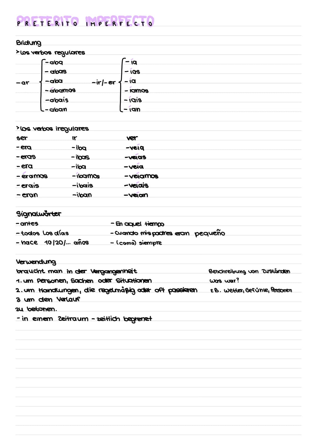 # PRETERITO IMPERFECTO
Bildung
>Los verbos regulares
- abq
-19
- abas
-IQS
-ar
-aba
-ir/-er
-ια
- abamos
-lamos
-abais
-lais
-aban
-