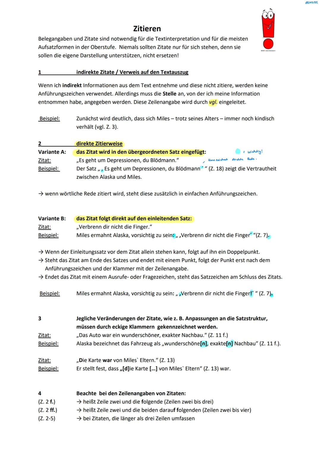 # Zitieren
Belegangaben und Zitate sind notwendig für die Textinterpretation und für die meisten
Aufsatzformen in der Oberstufe. Niemals so