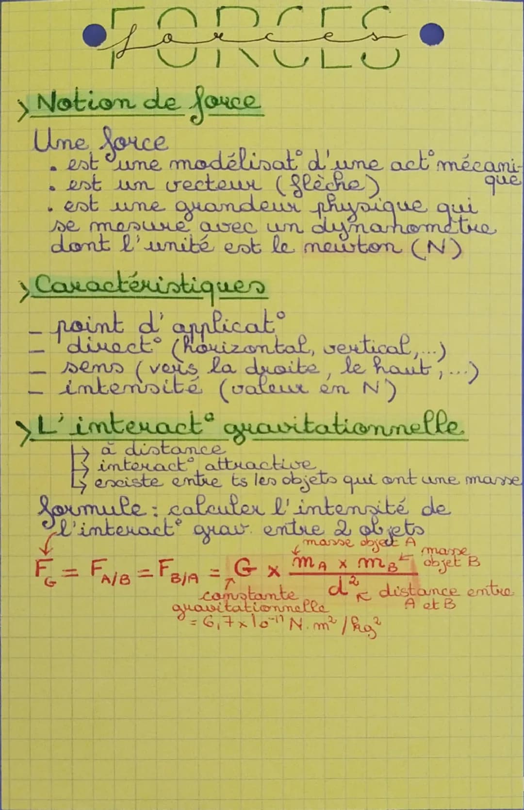 --- OCR Start ---
FORCES
> Notion de force
Une Sorce modélisat d'une act mécani
. est un vecteur (flèche)
. est une grandeur physique qui
.