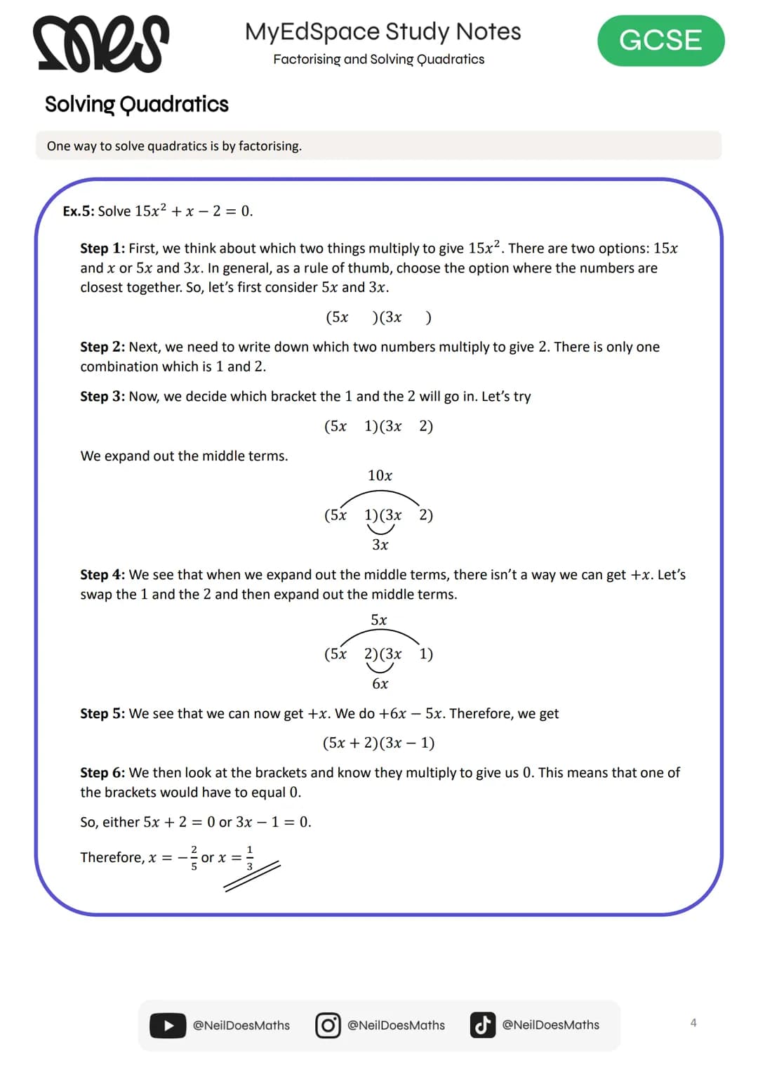 # myedspace.co.uk
# GCSE
# Study Notes
Factorising and Solving
Quadratics
# Maths mes
MyEdSpace Study Notes
Factorising Quadratics
Factor