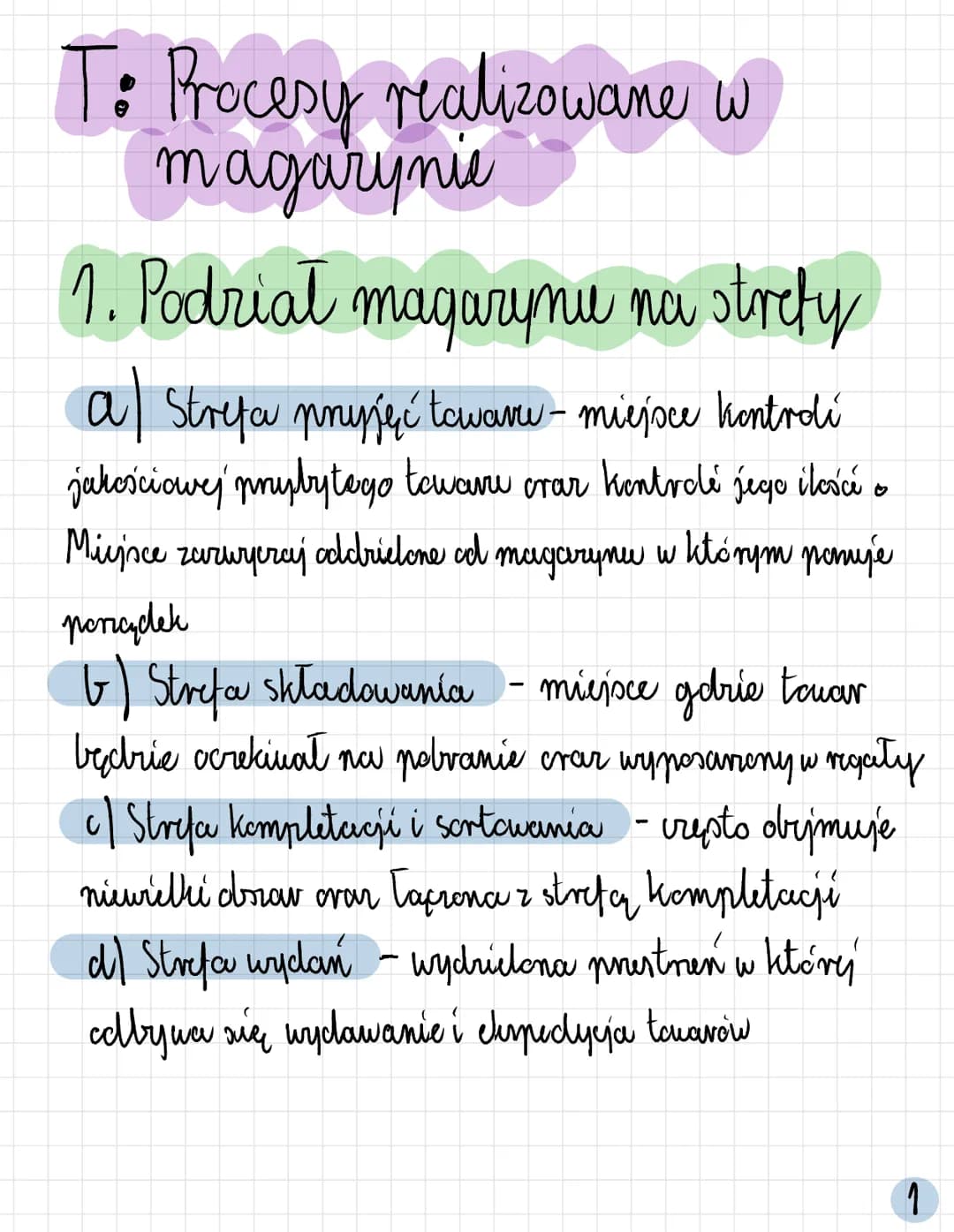 T: Procesy realizowane w
magarynie
1. Podriał magazynu na strety
a) Strefa pnyjęć towaru - miejsce kontrolí
jakościowej prybytego towaru c