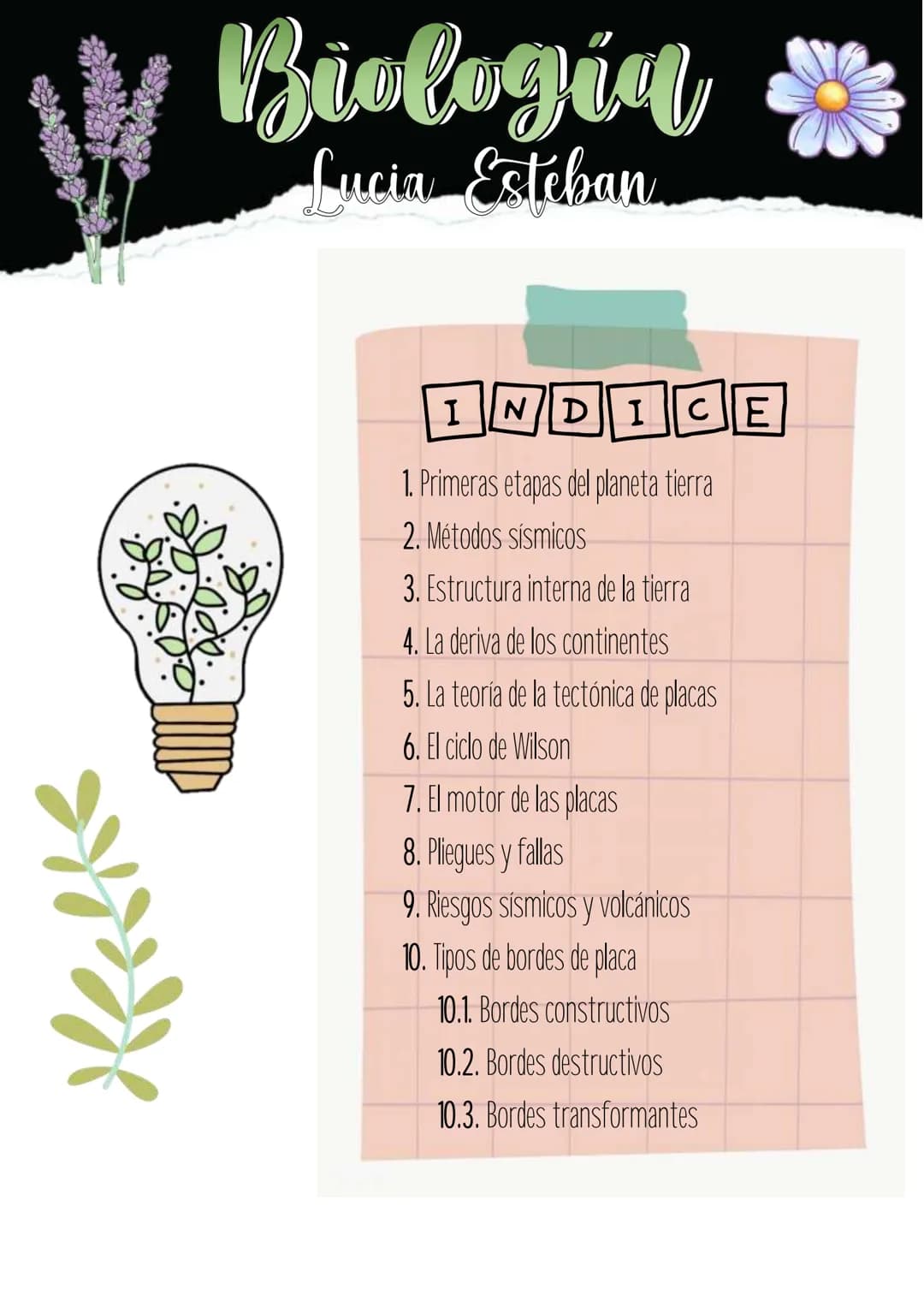 # Biologia
Lucia Esteban
INDICE
1. Primeras etapas del planeta tierra
2. Métodos sísmicos
3. Estructura interna de la tierra
4. La deriva