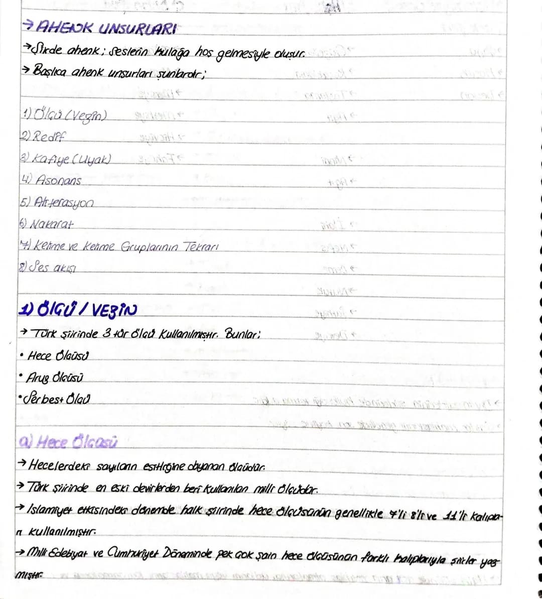 # AHENK UNSURLARI
→Sirde ahenk; Seslerin kulağa hos gelmesiyle duşur.
→Başlıca ahenk unsurları şunlardır;
1) Ölçü (Vezin)
2) Redif
2) K