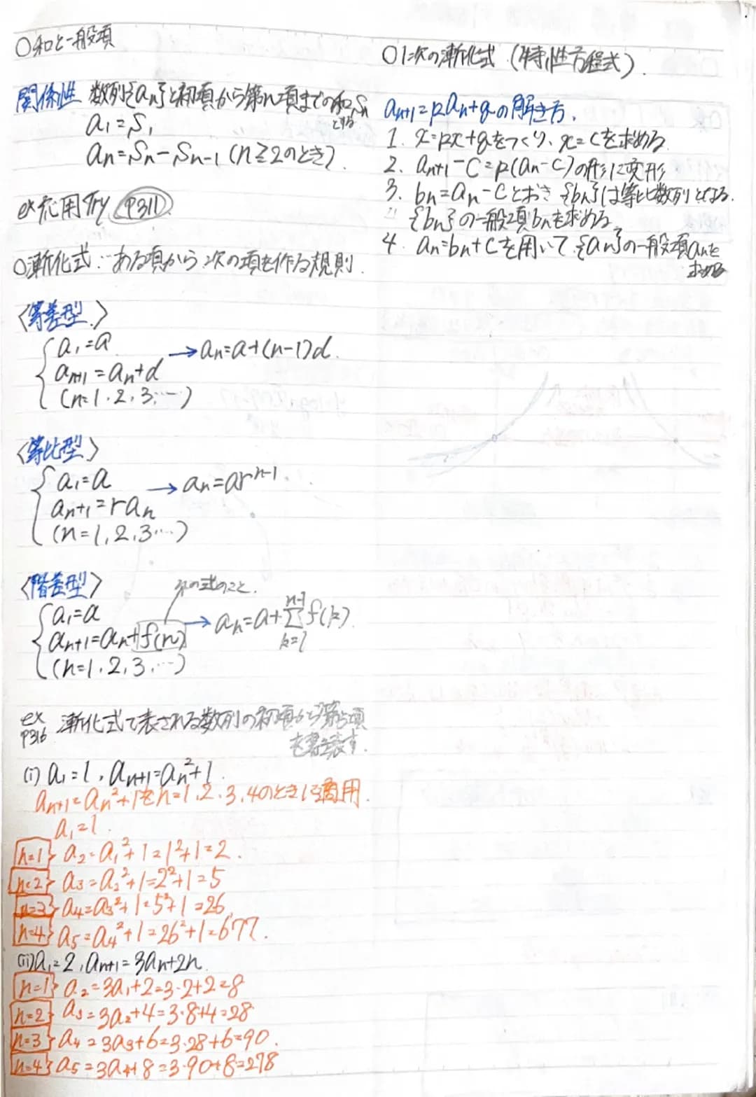 ○等差数列
傾
一般項 a+(n-1)d.
※2.9.16.29,30………の一般項
B079 An=2+(n-1).7
-7n-5
和等差数列{an}の初項から・れ項までの和.
na,tan)
2
ex 14213+-+100の知.
P282 (1+100)×100 1