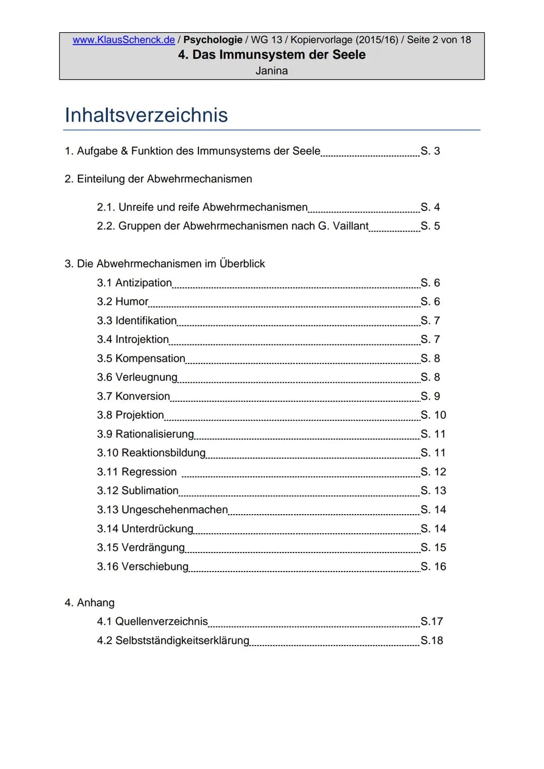 www.KlausSchenck.de / Psychologie / WG 13/Kopiervorlage (2015/16) / Seite 2 von 18
4. Das Immunsystem der Seele
Janina
Inhaltsverzeichnis