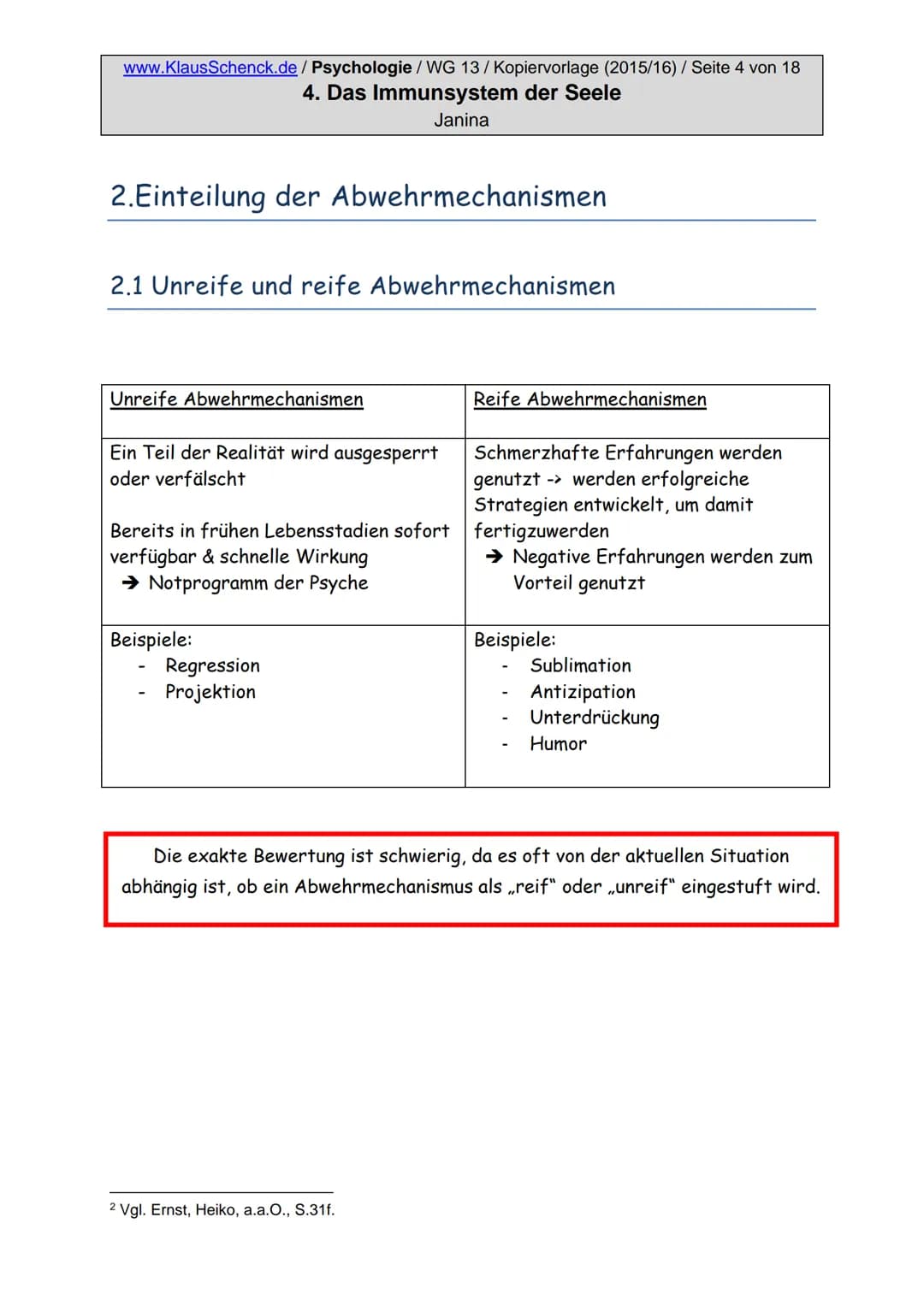 www.KlausSchenck.de / Psychologie / WG 13/Kopiervorlage (2015/16) / Seite 2 von 18
4. Das Immunsystem der Seele
Janina
Inhaltsverzeichnis