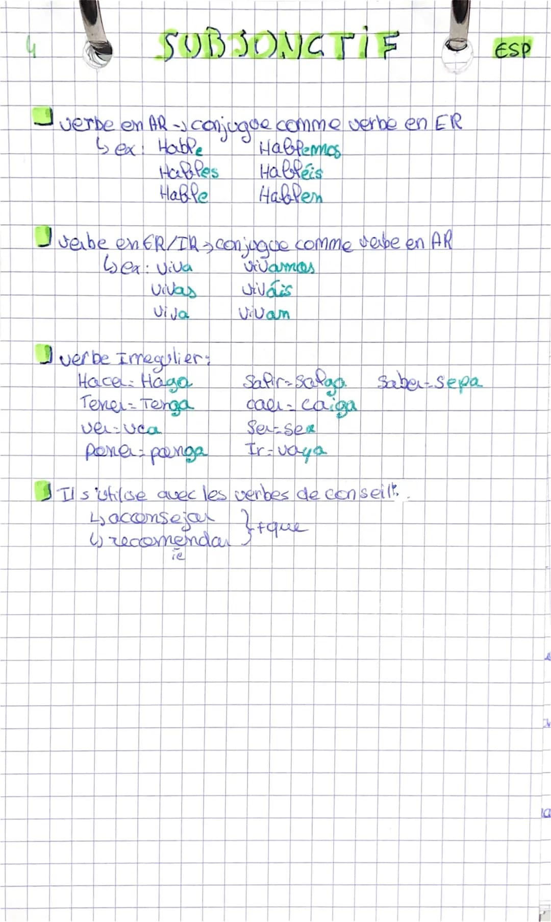 4
# SUBJONGTIE
ESP
* verde en AR- conjugue comme verbe en ER
* bex: Hable
* Hablemos
* Hapapes Hableis