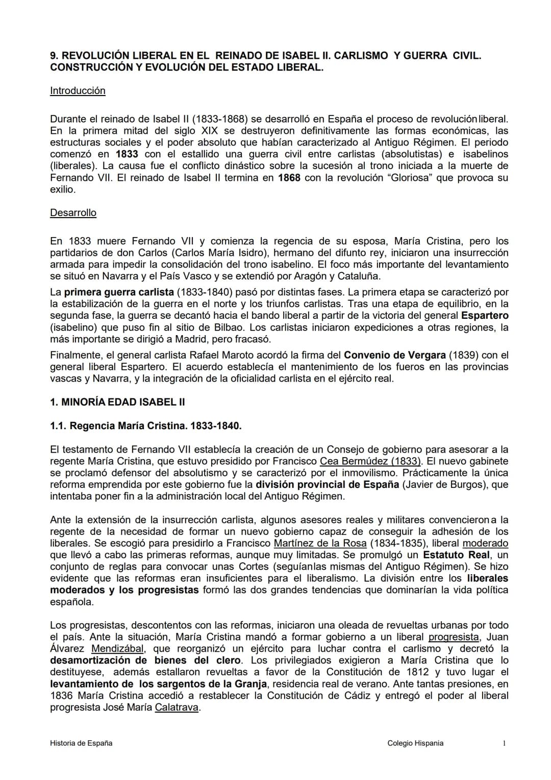 # 9. REVOLUCIÓN LIBERAL EN EL REINADO DE ISABEL II. CARLISMO Y GUERRA CIVIL.
CONSTRUCCIÓN Y EVOLUCIÓN DEL ESTADO LIBERAL.
Introducción
Dur