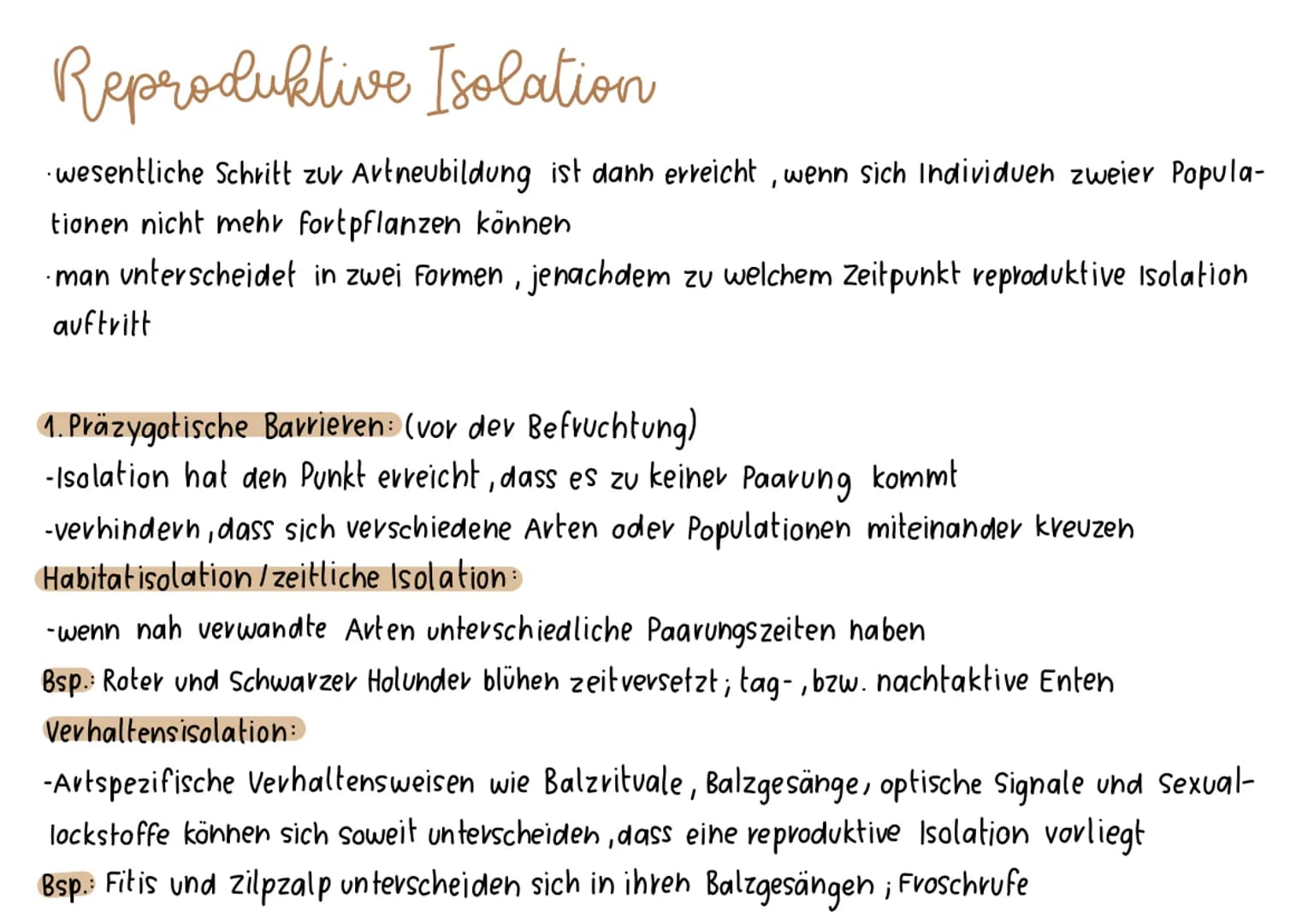 # Reproduktive Isolation
- wesentliche Schritt zur Artneubildung ist dann erreicht, wenn sich Individuen zweier Popula-
tionen nicht mehr