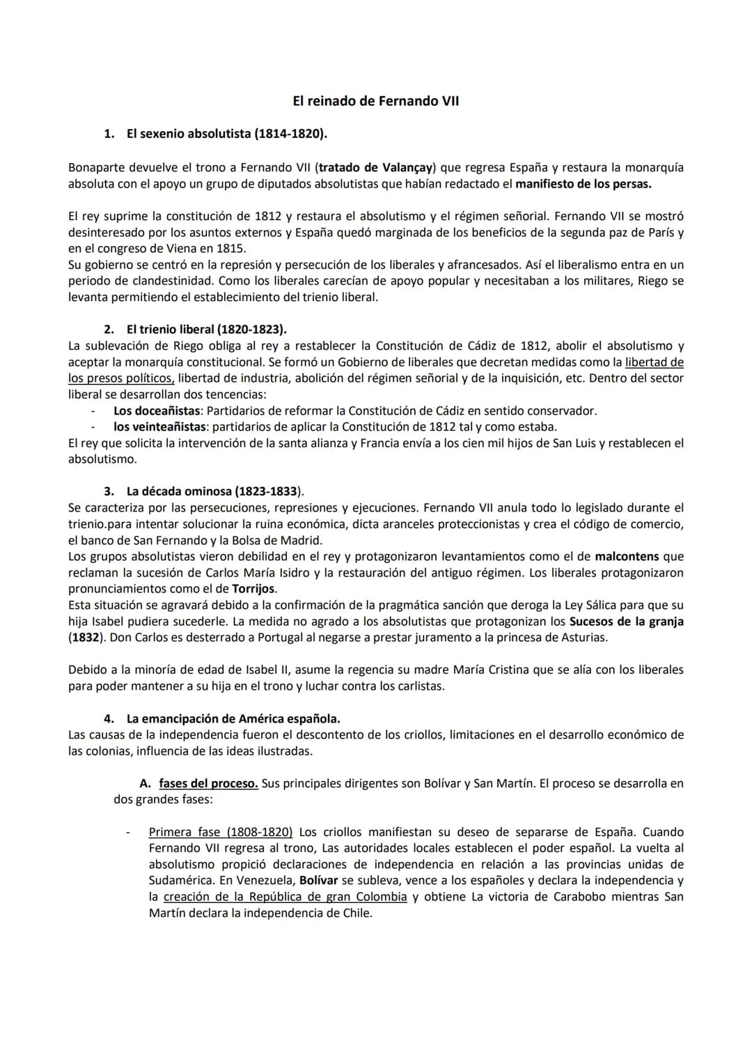# El reinado de Fernando VII
1. El sexenio absolutista (1814-1820).
Bonaparte devuelve el trono a Fernando VII (tratado de Valançay) que