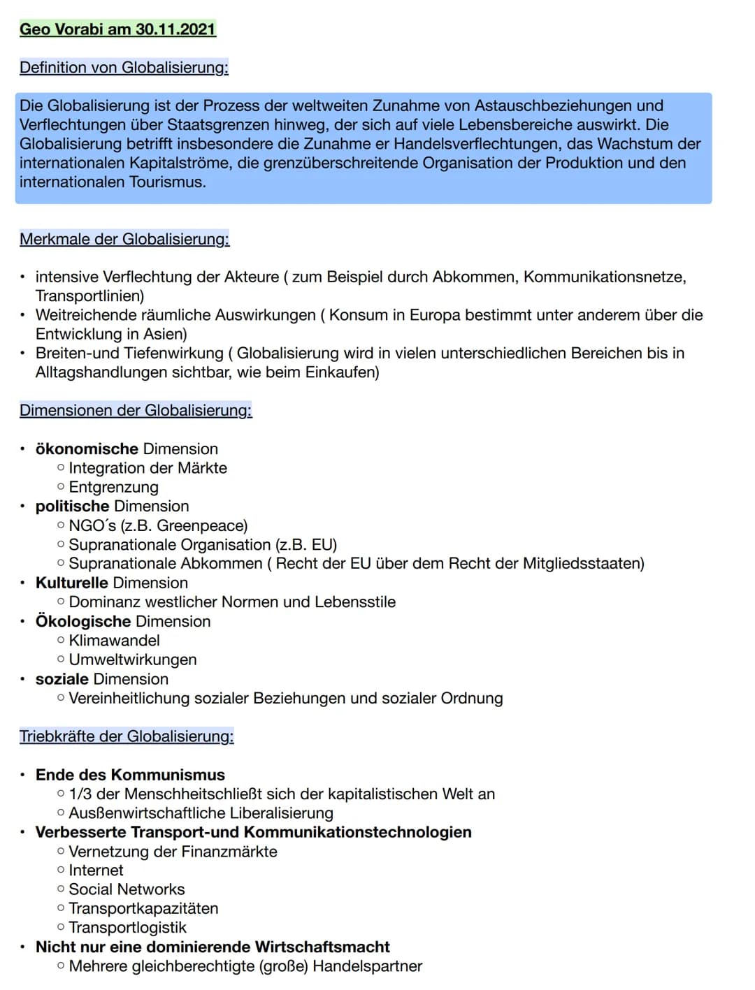 Geo Vorabi am 30.11.2021
Definition von Globalisierung:
Die Globalisierung ist der Prozess der weltweiten Zunahme von Astauschbeziehungen