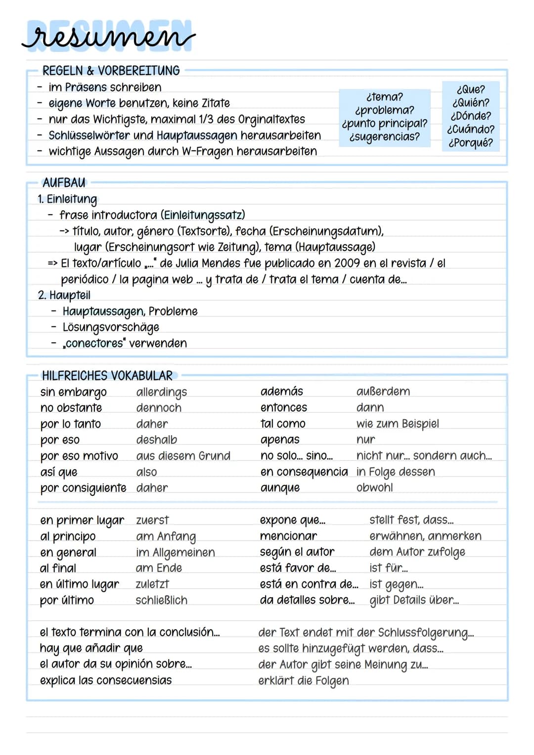 resumen
REGELN & VORBEREITUNG
- im Präsens schreiben
- eigene Worte benutzen, keine Zitate
- nur das Wichtigste, maximal 1/3 des Orginaltex