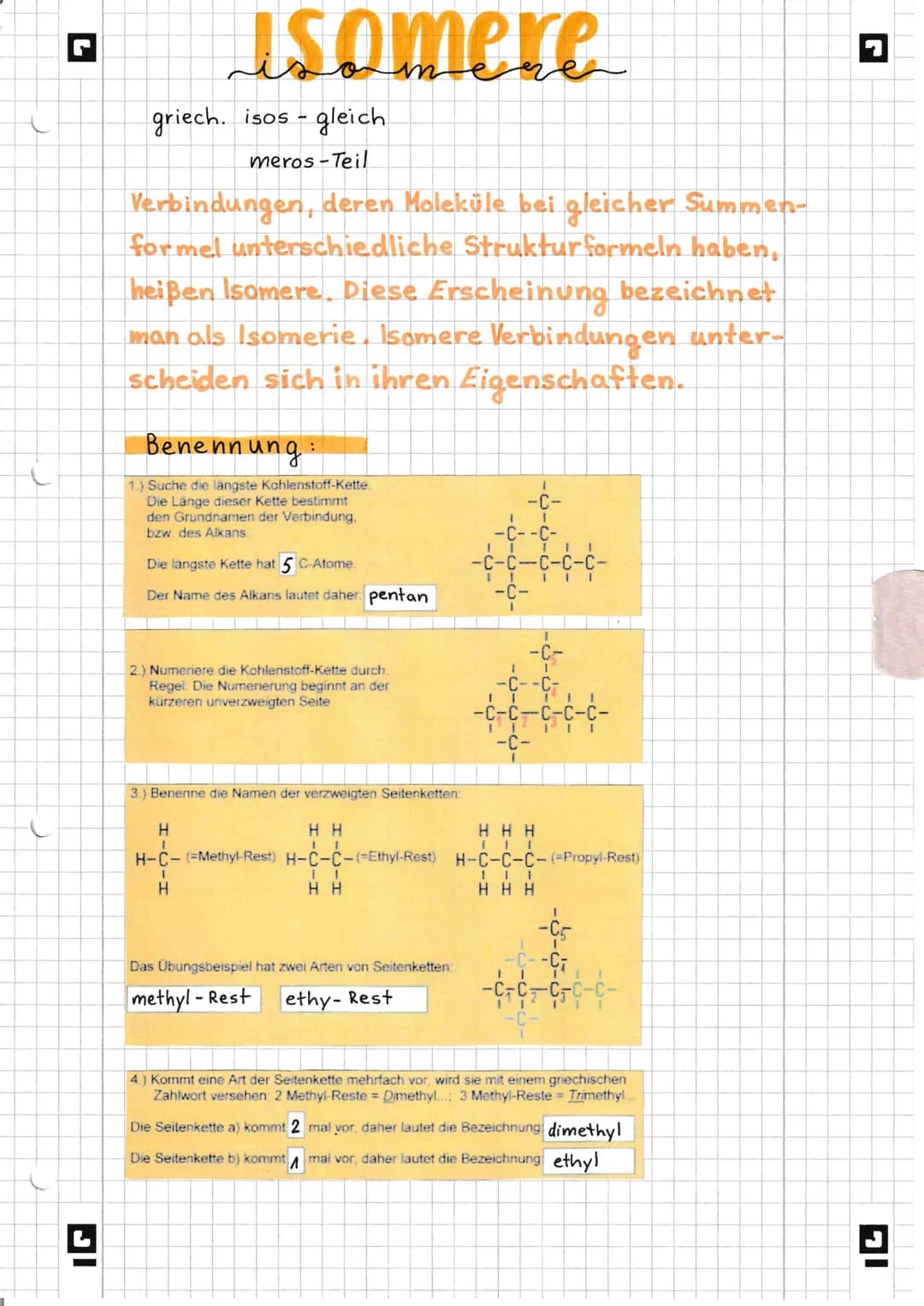 # Isomere
griech. isos gleich
meros-Teil
Verbindungen, deren Moleküle bei gleicher Summen-
formel unterschiedliche Strukturformeln haben,