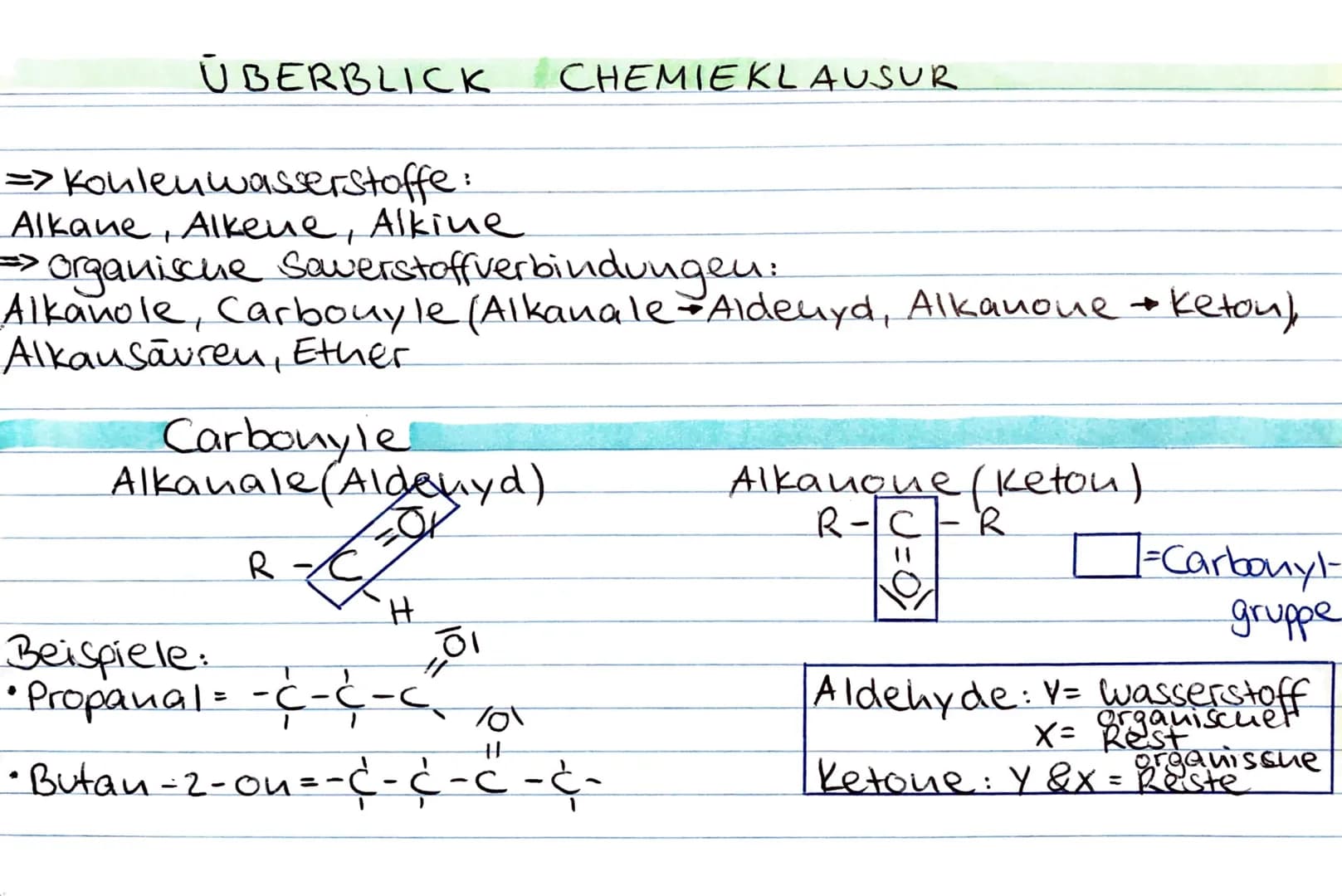 # ÜBERBLICK CHEMIEKLAUSUR
=> Koulenwasserstoffe:
Alkane, Alkene, Alkine
> organische Saverstoffverbindungen:
Alkanole, Carbonyle (Alkanale