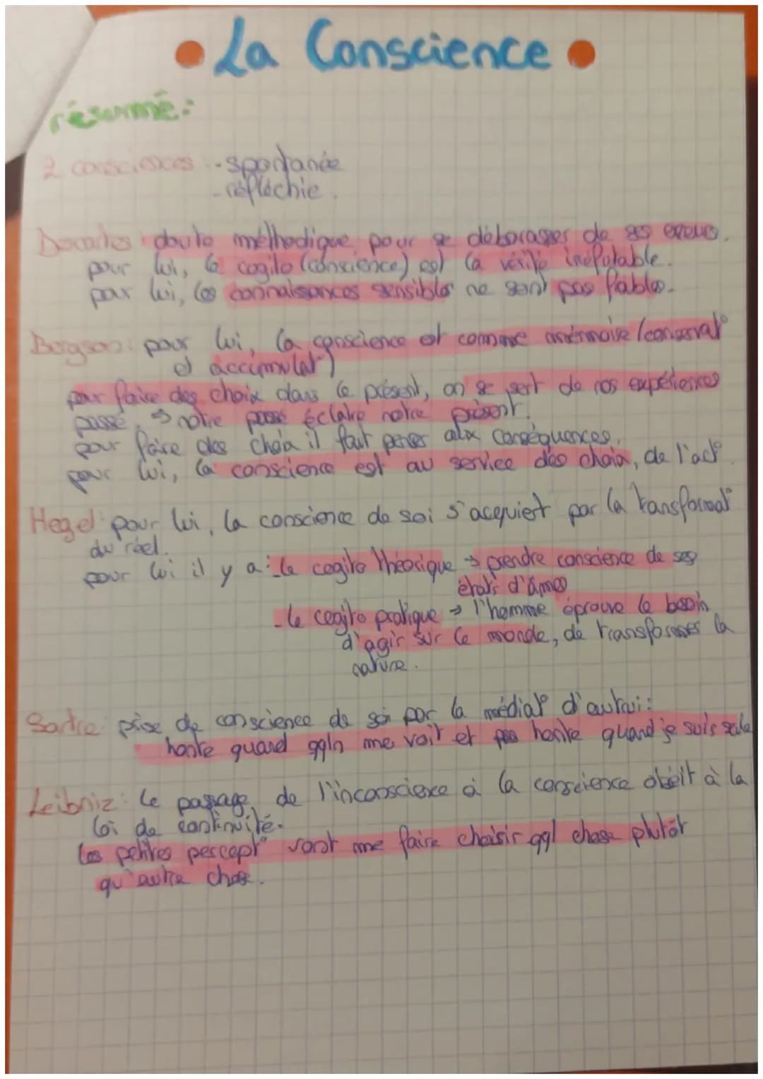 /
• La Conscience.
I-La conscience psychologique
= faculté intelectuelle d'être cascient.
liberto la capacité de se determines dans ses act