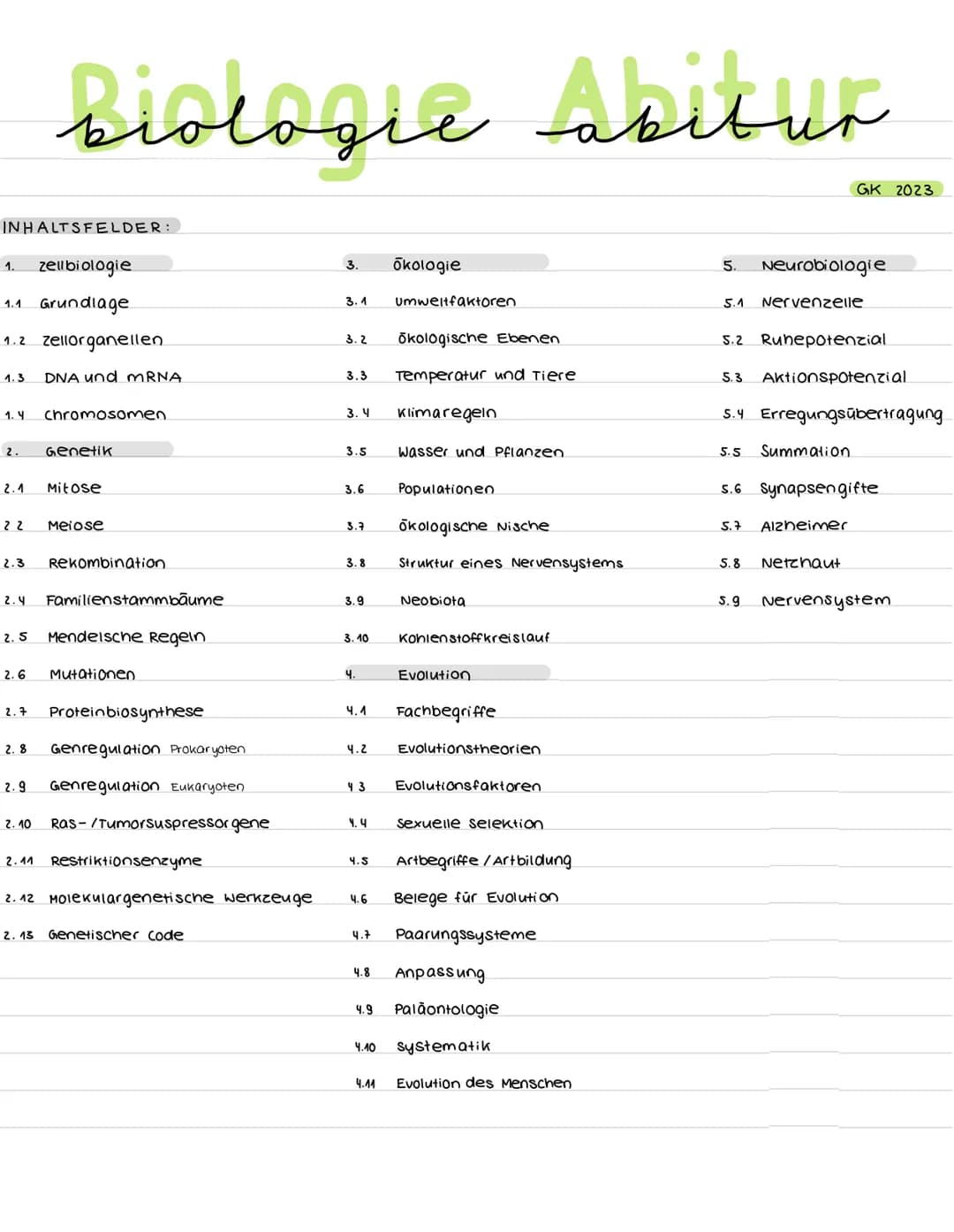 # biologie abibur
GK 2023
INHALTSFELDER:
1. zellbiologie
1.1 Grundlage
3. ōkologie
3.1 Umweltfaktoren
5. Neurobiologie
5.1 Nervenzel