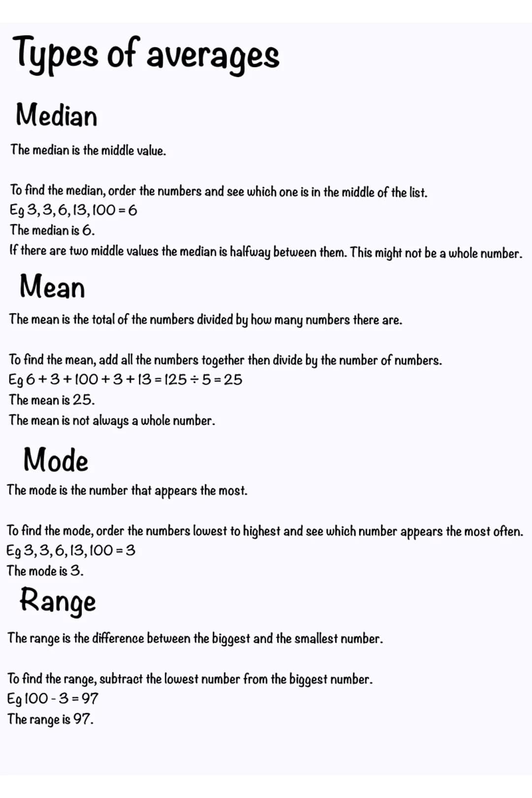 # Types of averages
## Median
The median is the middle value.
To find the median, order the numbers and see which one is in the middle of