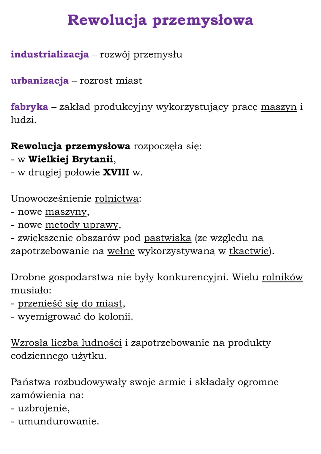 # Rewolucja przemysłowa
industrializacja - rozwój przemysłu
urbanizacja - rozrost miast
fabryka - zakład produkcyjny wykorzystujący pracę