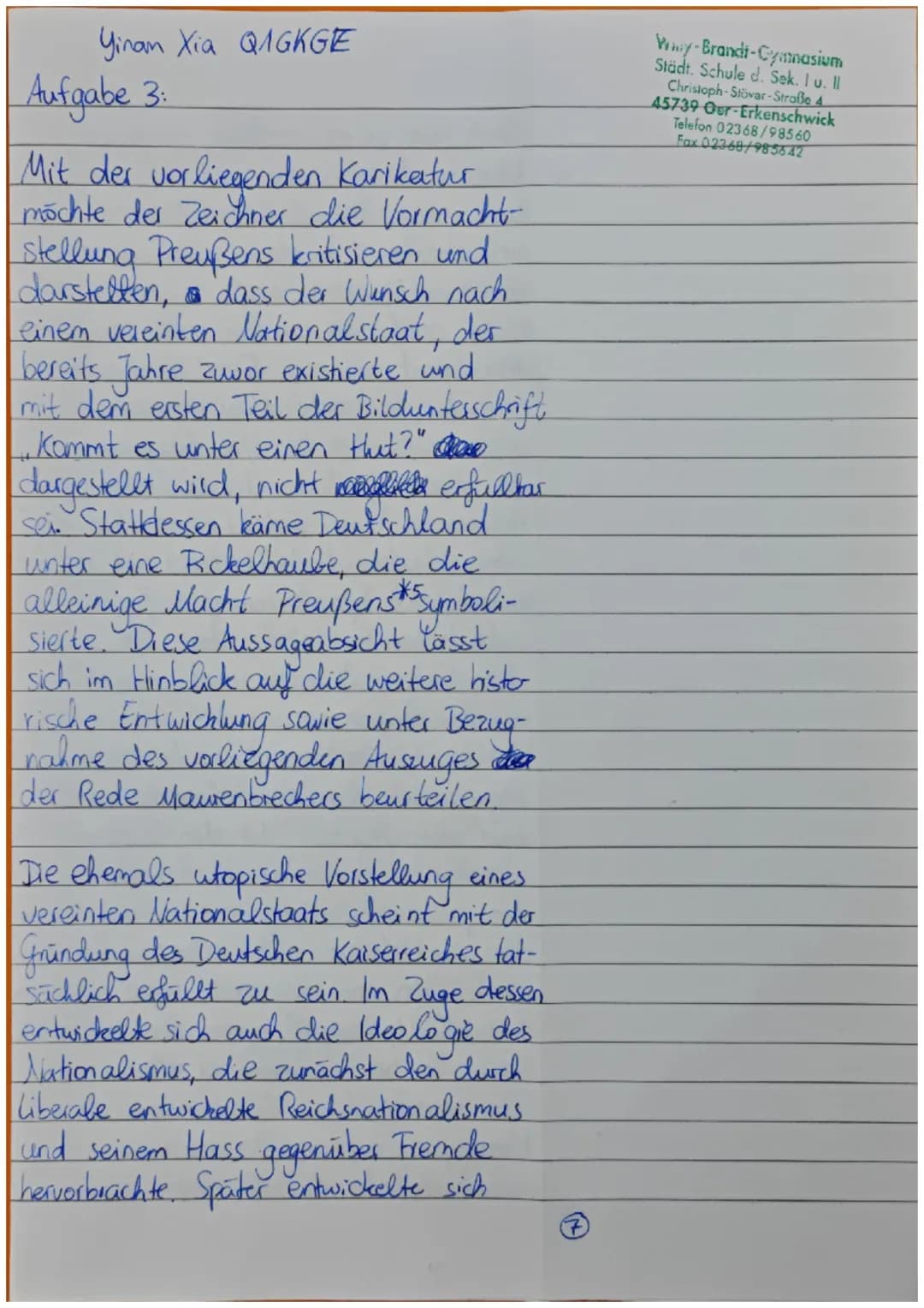 QI GE GK (FAB)
Name: Jinan Xia
1. Halbjahr, 2. Klausur
16.12.2022
Thema: Reichsgründung und Reichseinheit
Aufgabenstellung:
1. Analysiere