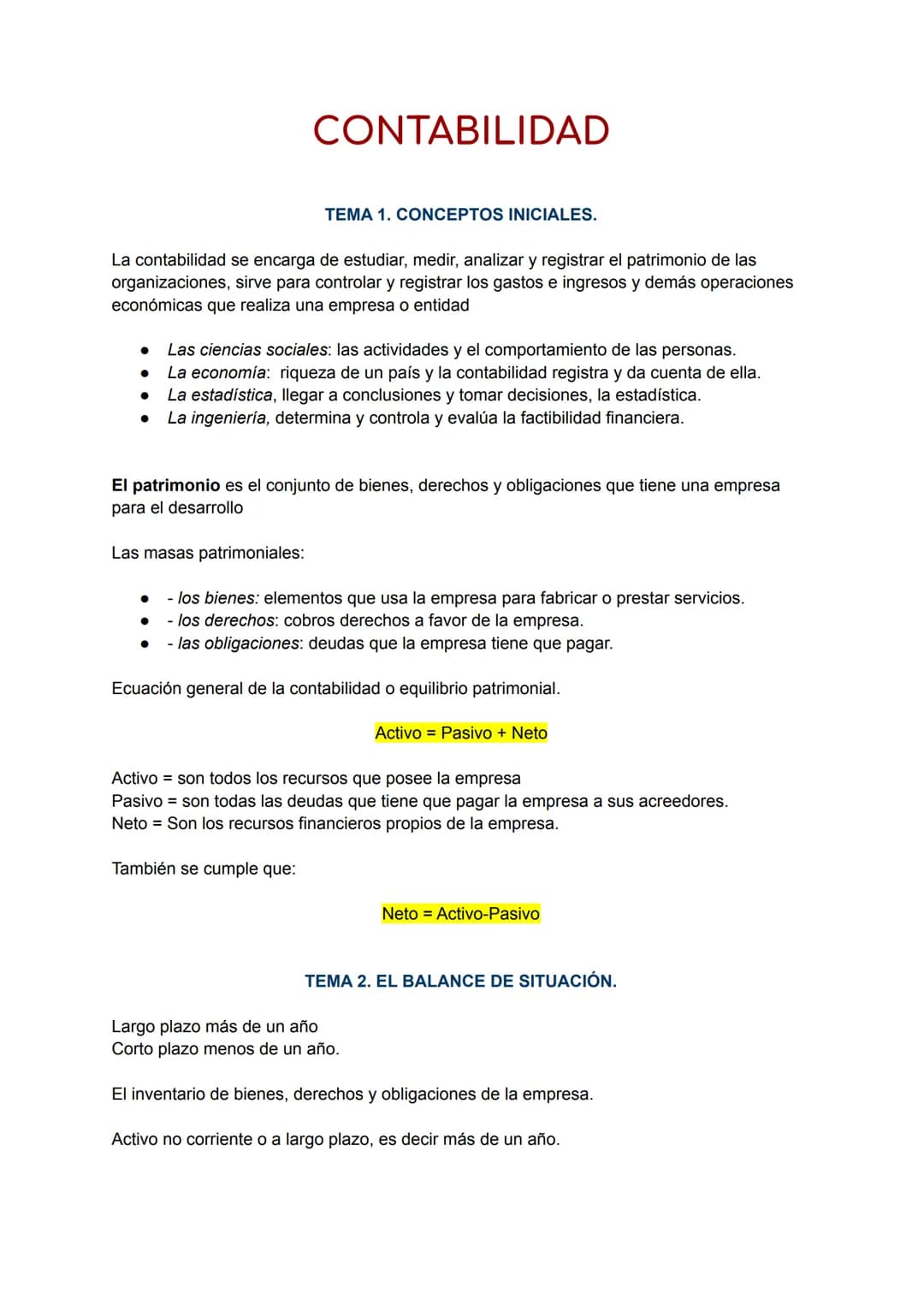 # CONTABILIDAD
TEMA 1. CONCEPTOS INICIALES.
La contabilidad se encarga de estudiar, medir, analizar y registrar el patrimonio de las
organ