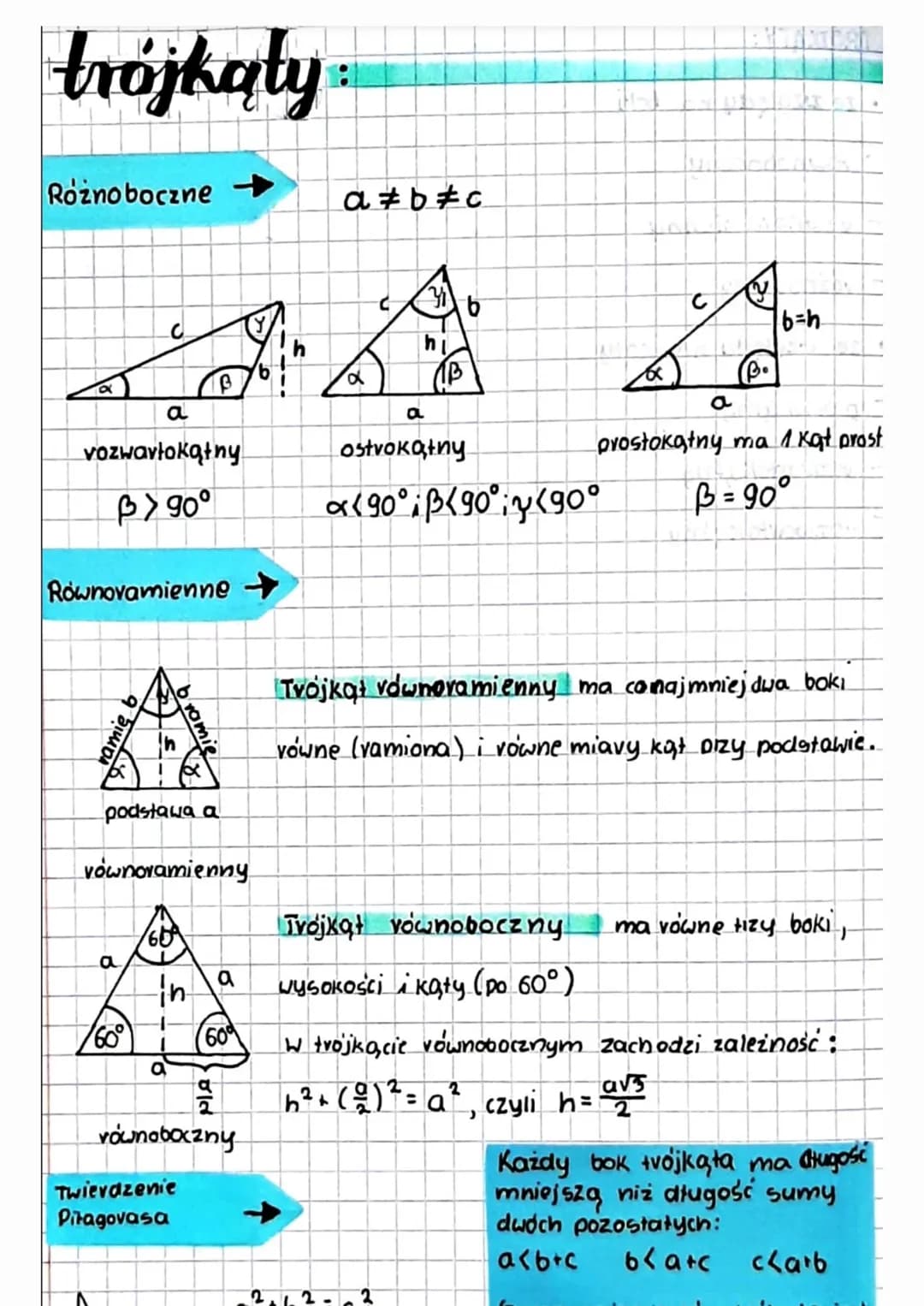 # trójkąty:
Różnoboczne
$a≠ b≠ c$
C
a
β
vozvavłokątny
$β> 90°$
Równovamienne
b
h
८
16
C
b=h
hi
α
B
βο
a
a
ostvokątny
p