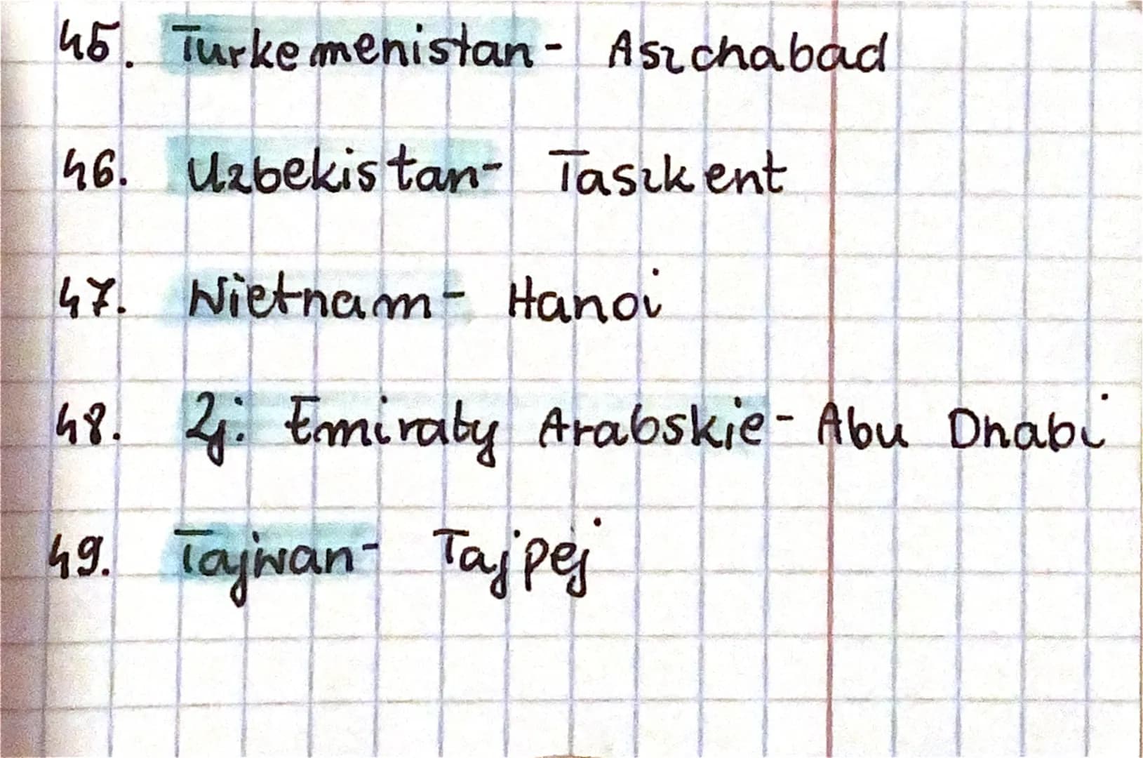 44
29405
45
45
16
2
24
33
13
37
9
049
00
mapa azjé
1. Afganistan Kabul
2. Arabia saudyjska - Rijacl
3. Armenia Erywan
15. brak Bagdad
16. Ir