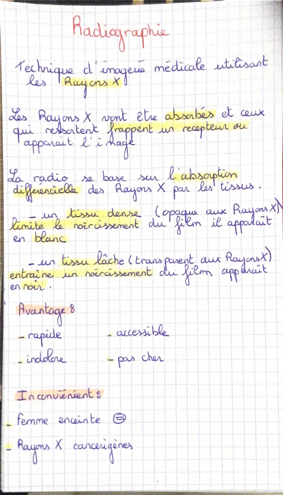 # Radiographie
Technique d'imagevé médicale utilisant
les Rayons X
Les Rayons X vont être absabés et ceux
qui ressortent frappent un recep