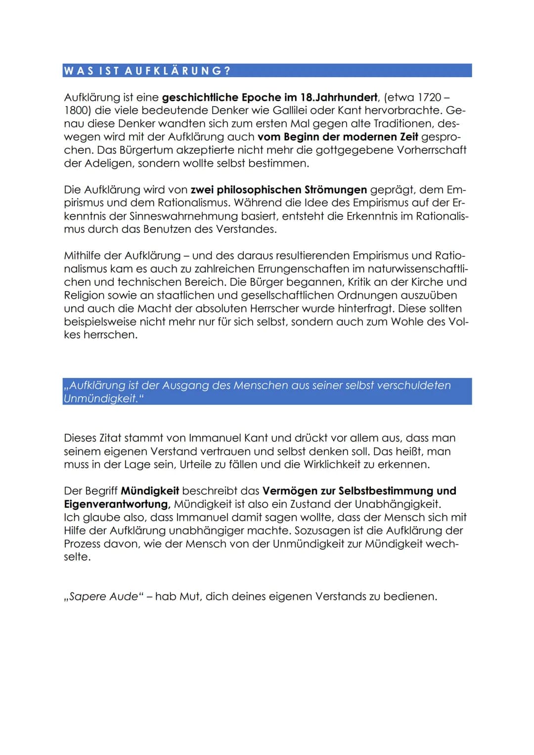 # WAS IST AUFKLÄRUNG?
Aufklärung ist eine geschichtliche Epoche im 18. Jahrhundert, (etwa 1720-
1800) die viele bedeutende Denker wie Galli