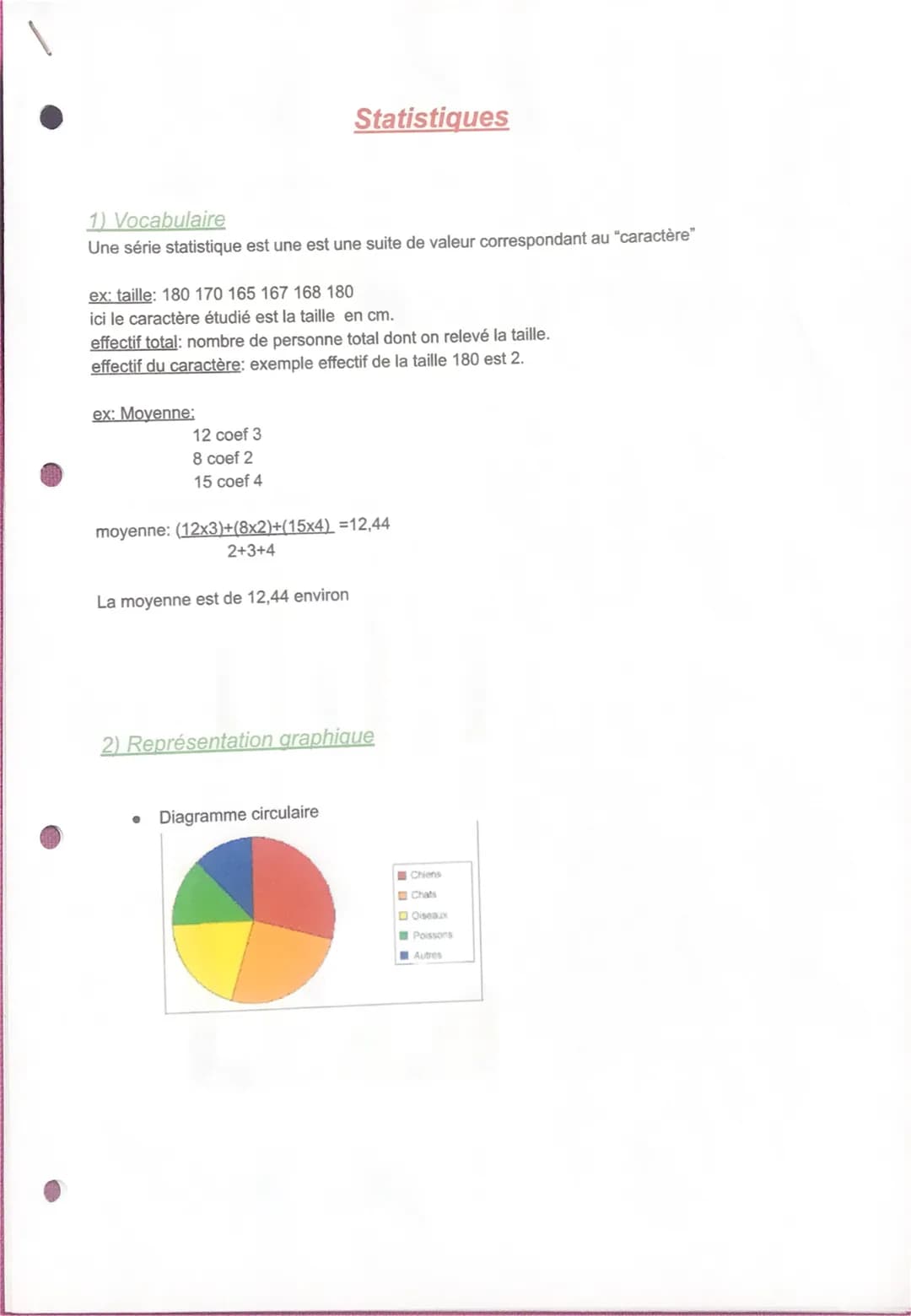 Statistiques
1) Vocabulaire
Une série statistique est une est une suite de valeur correspondant au "caractère"
ex: taille: 180 170 165 167