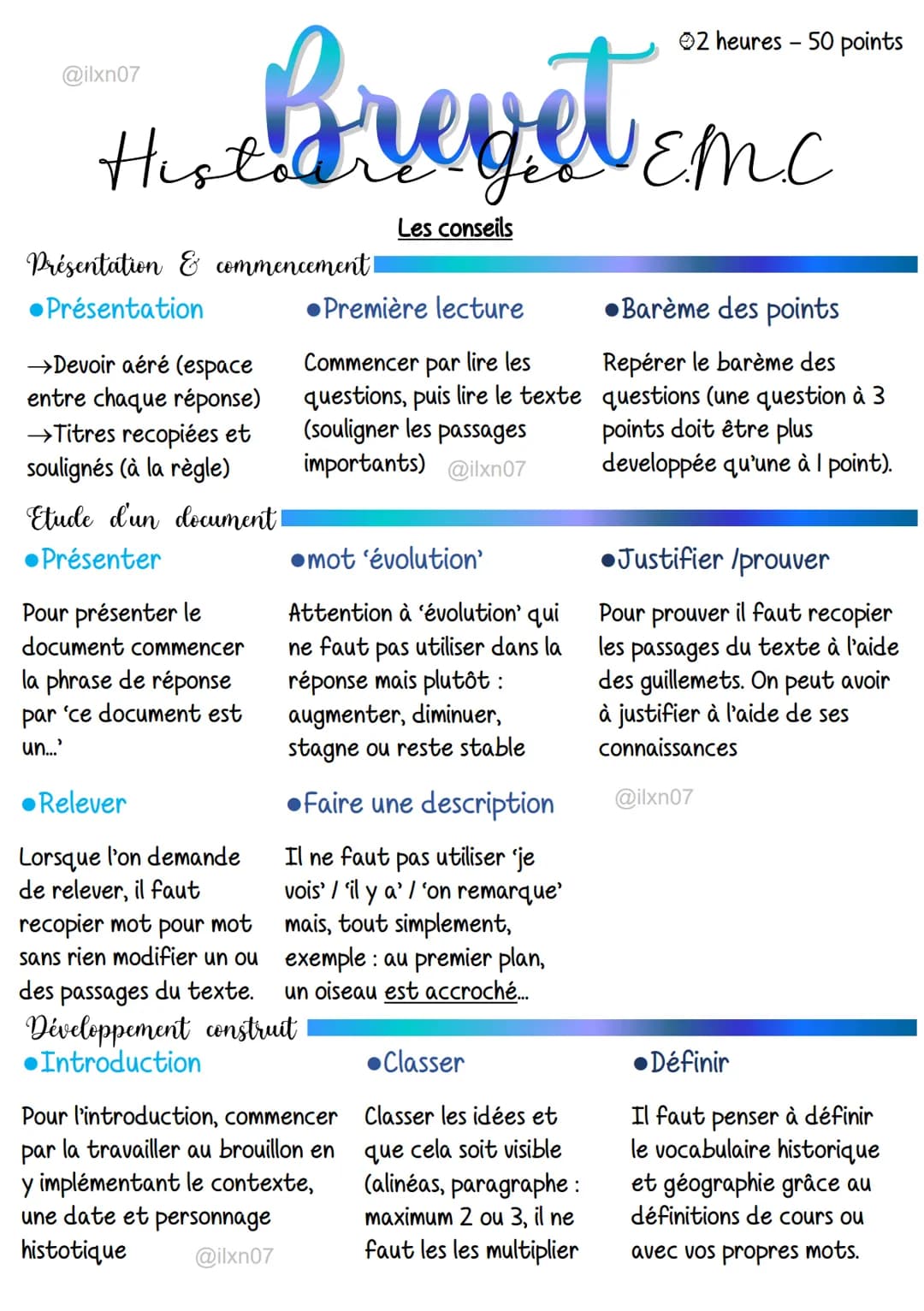 @ilxn07
2 heures - 50 points
# Hat Brevet Emc
Histo
Les conseils
Présentation & commencement!
•Première lecture
•Présentation
→Devoir aéré (