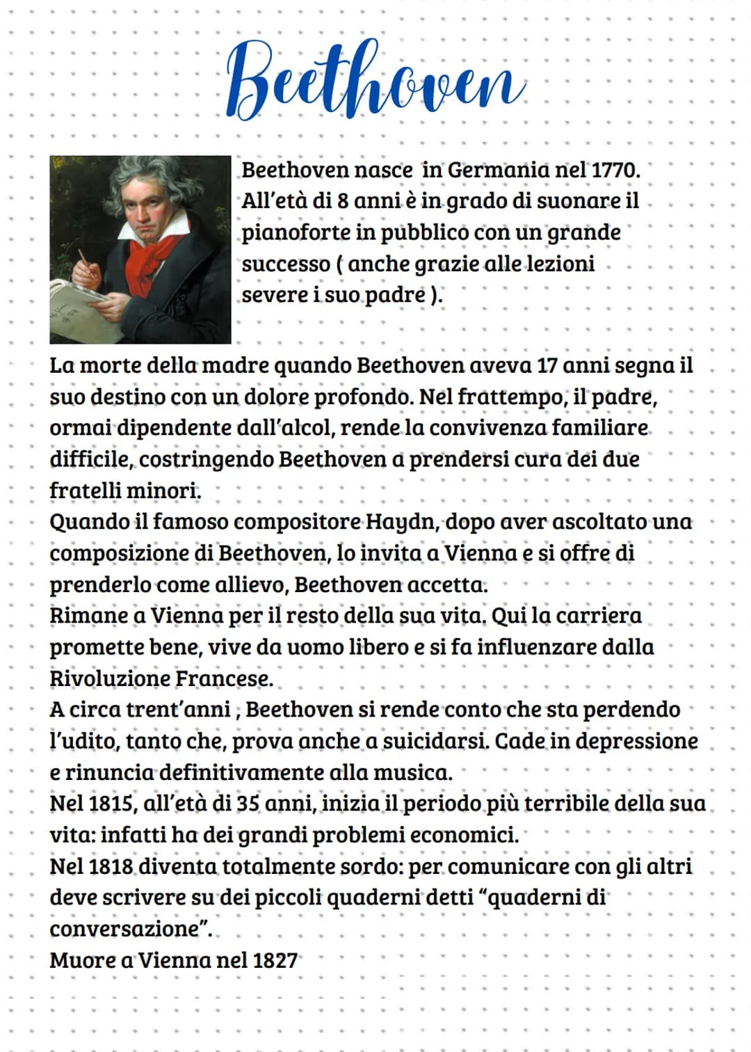 # Beethoven
Beethoven nasce in Germania nel 1770.
All'età di 8 anni è in grado di suonare il
pianoforte in pubblico con un grande
successo